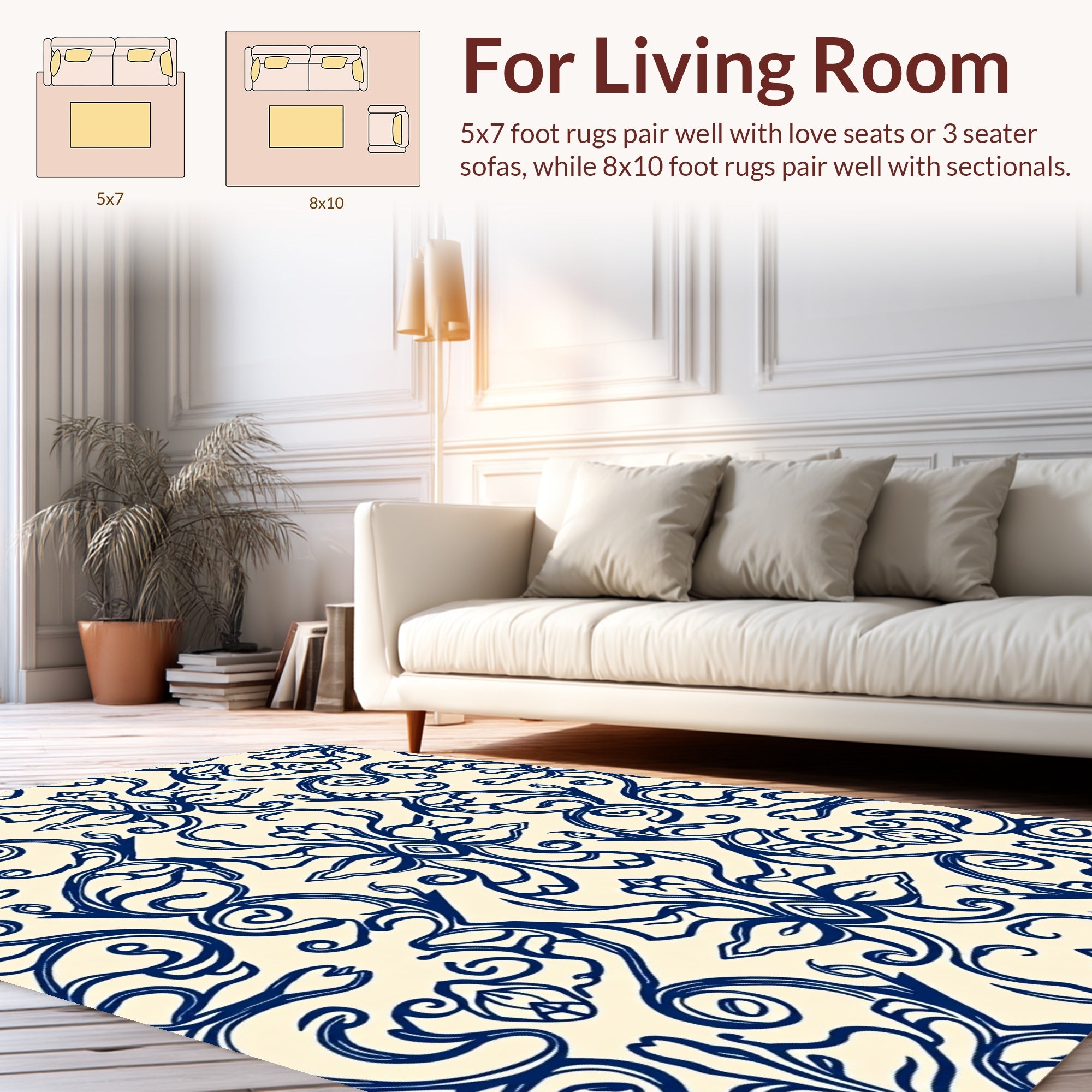 Classic Damask Blue Floral Repeating Design Rug