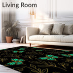 Emerald Butterfly Floral Black Background Rug