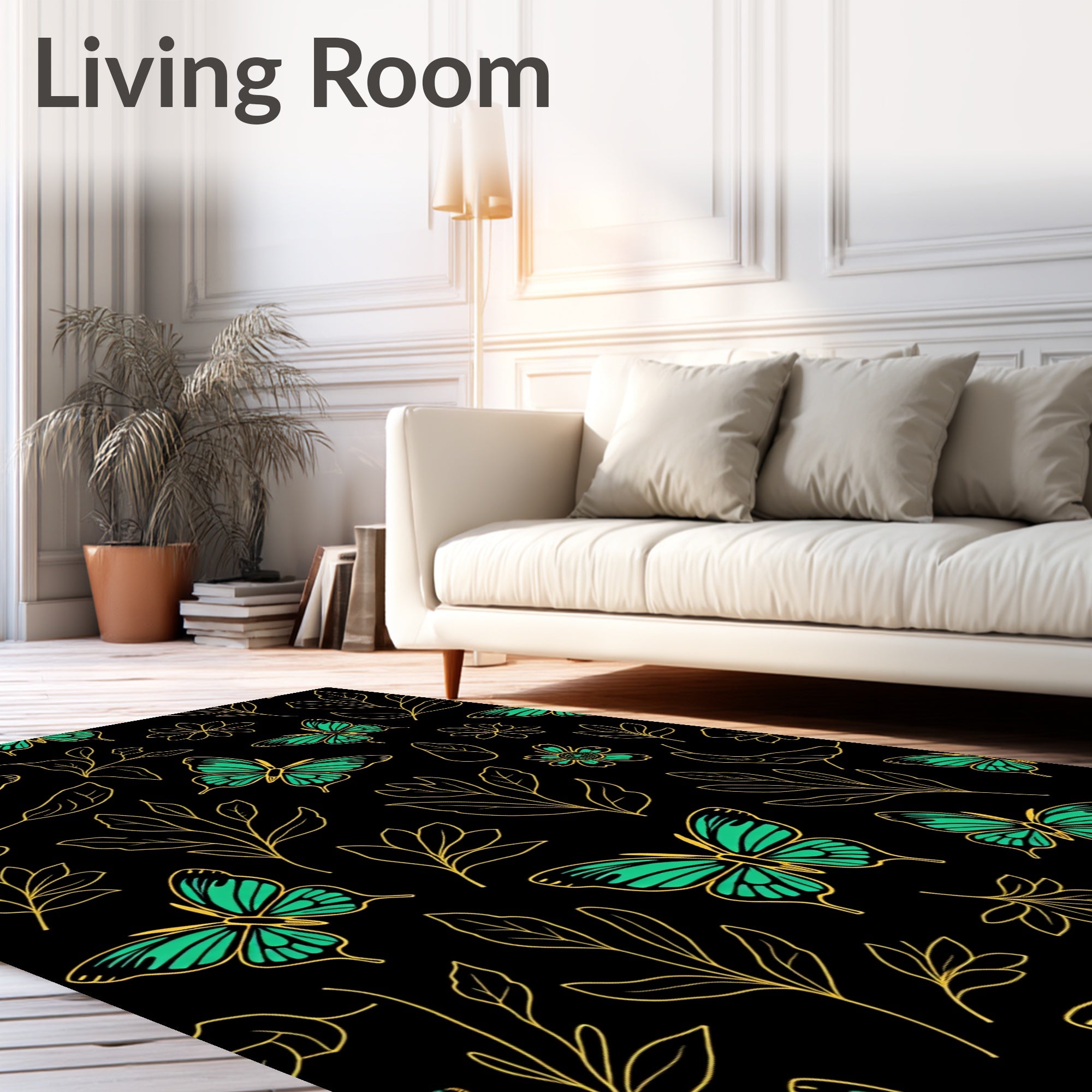 Emerald Butterfly Floral Black Background Rug