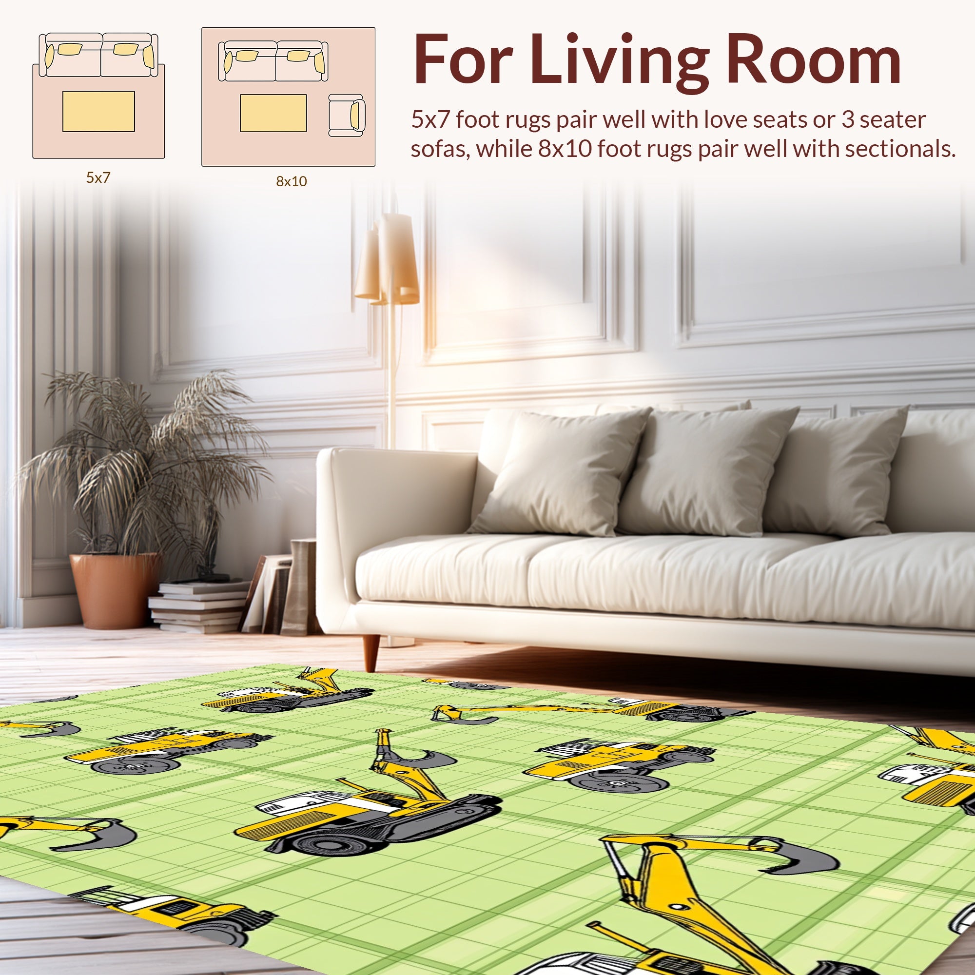 Yellow Excavator Construction Pattern Rug