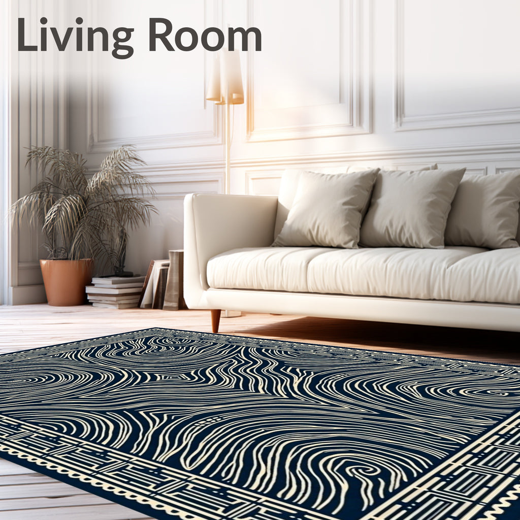 Deep Navy Cream Swirling Marble Border Rug