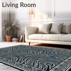 Deep Navy Cream Swirling Marble Border Rug