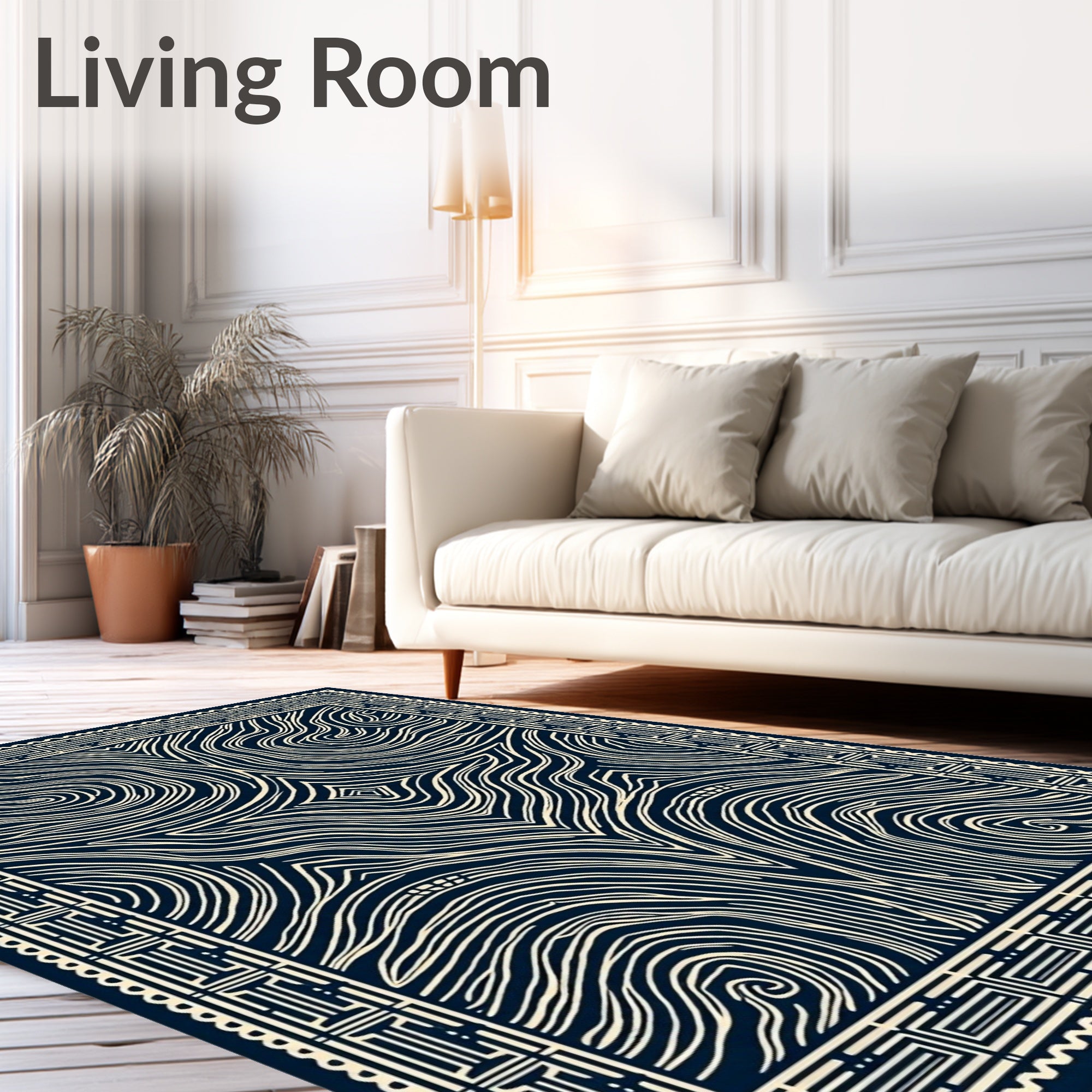 Deep Navy Cream Swirling Marble Border Rug
