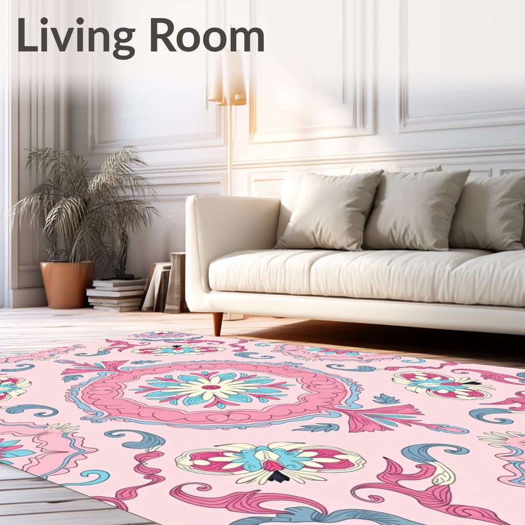 Pastel Pink Floral Medallion Swirl Rug