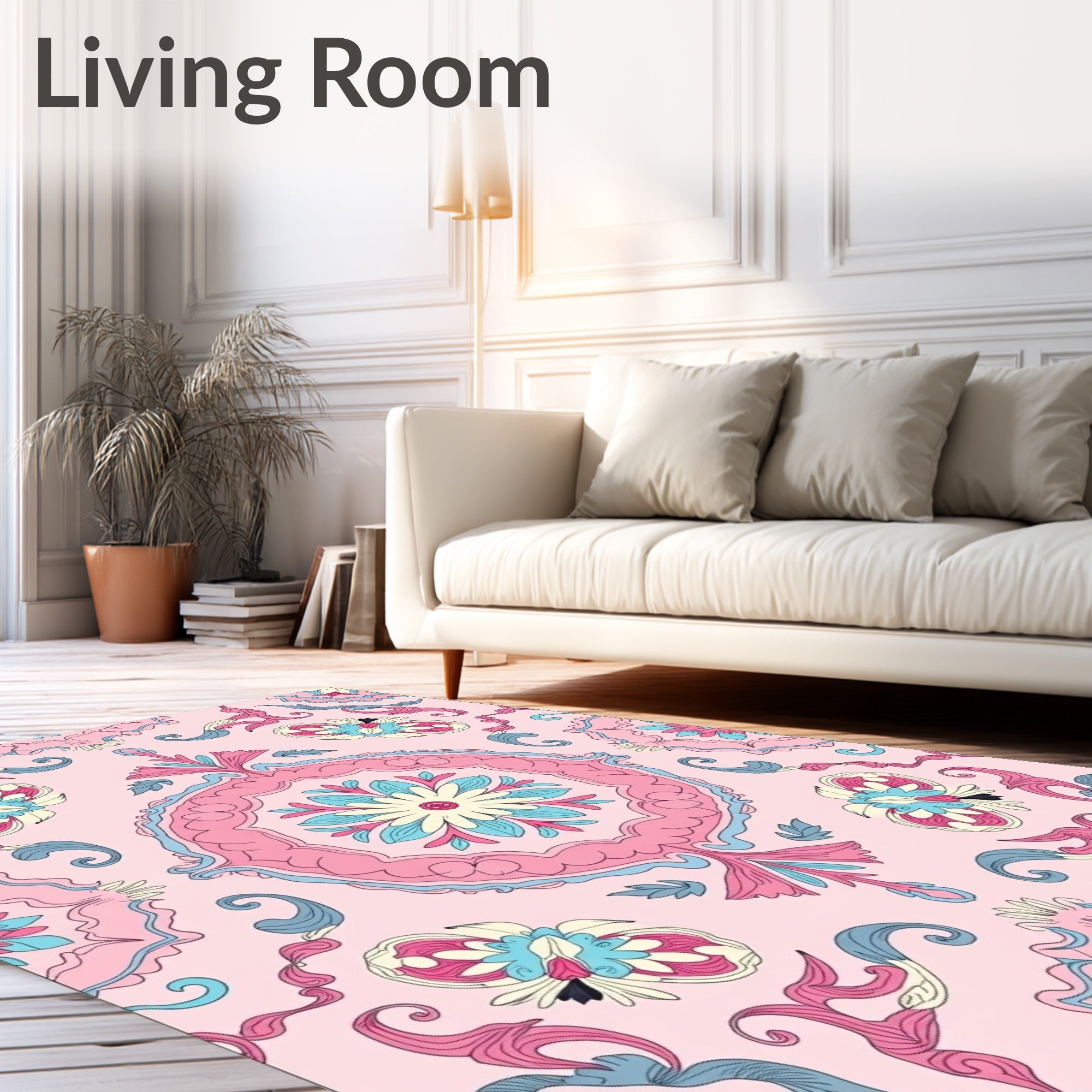 Pastel Pink Floral Medallion Swirl Rug