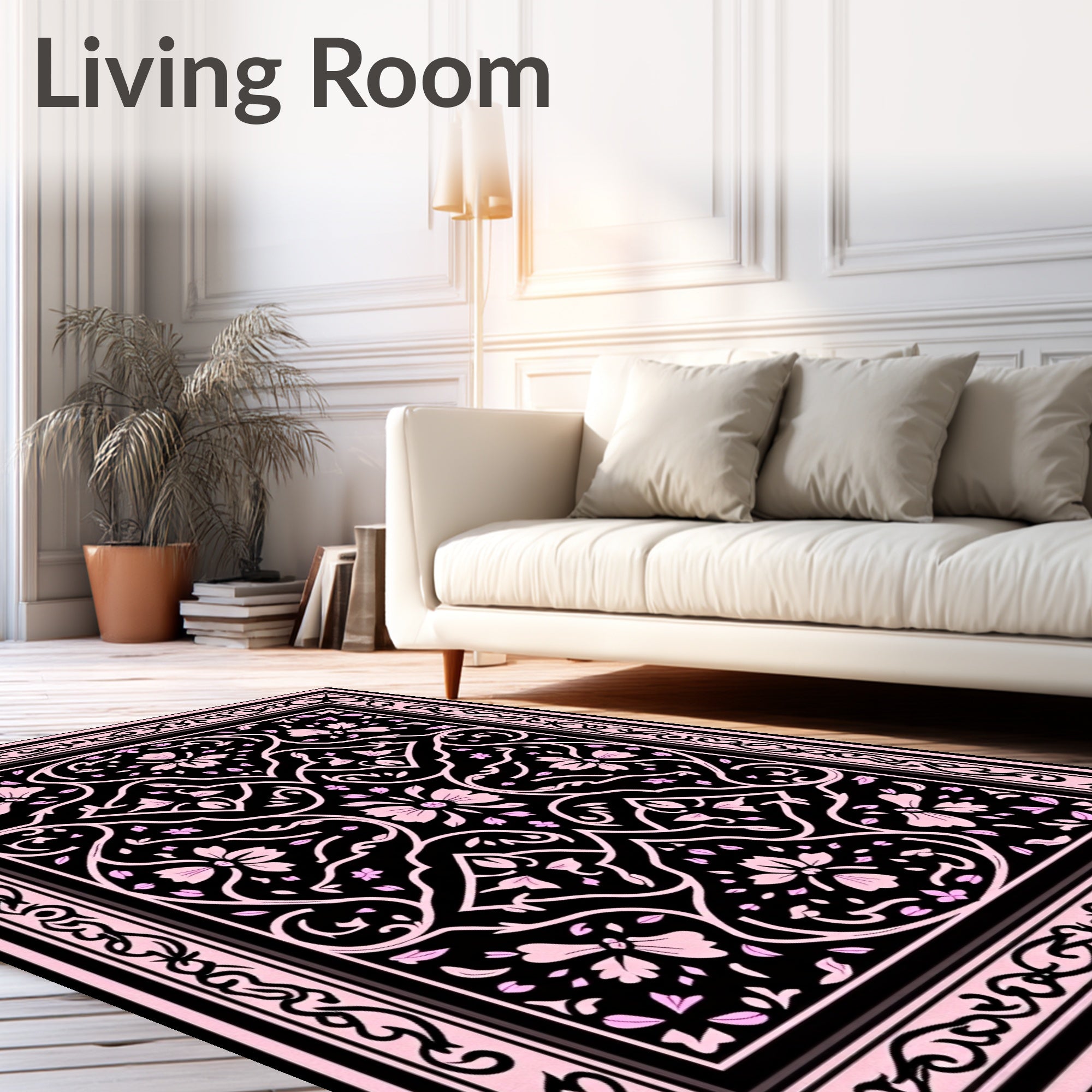 Black Pink Floral Lattice Medallion Rug