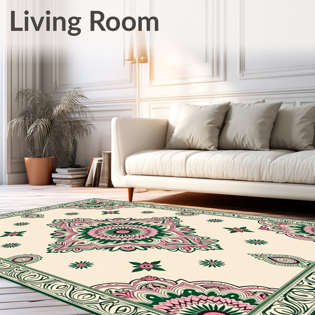 Pink Green Mandala Floral Border Rug