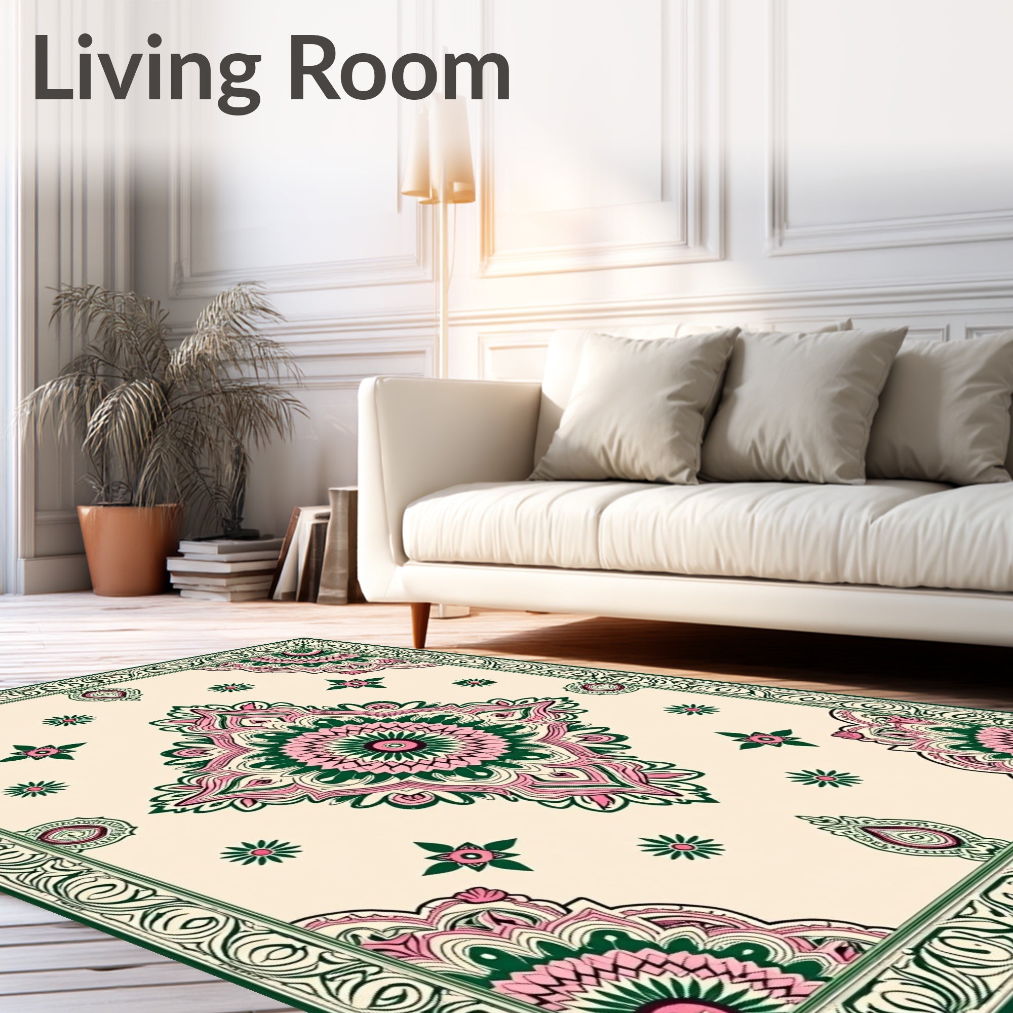 Pink Green Mandala Floral Border Rug