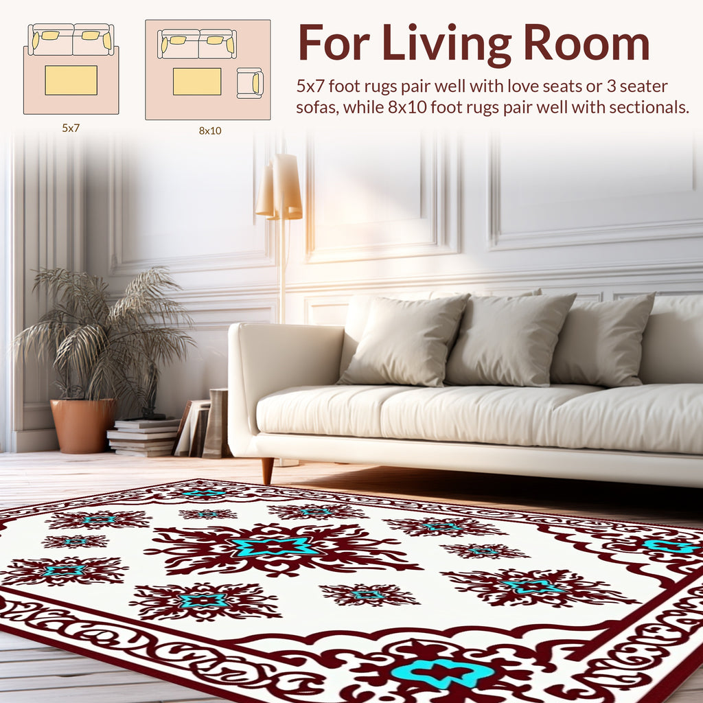 Ornate Burgundy Turquoise Floral Pattern Rug