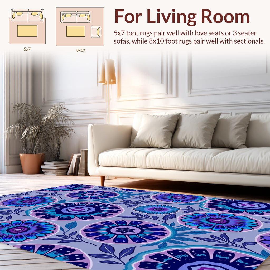 Vibrant Blue Purple Floral Pattern Rug
