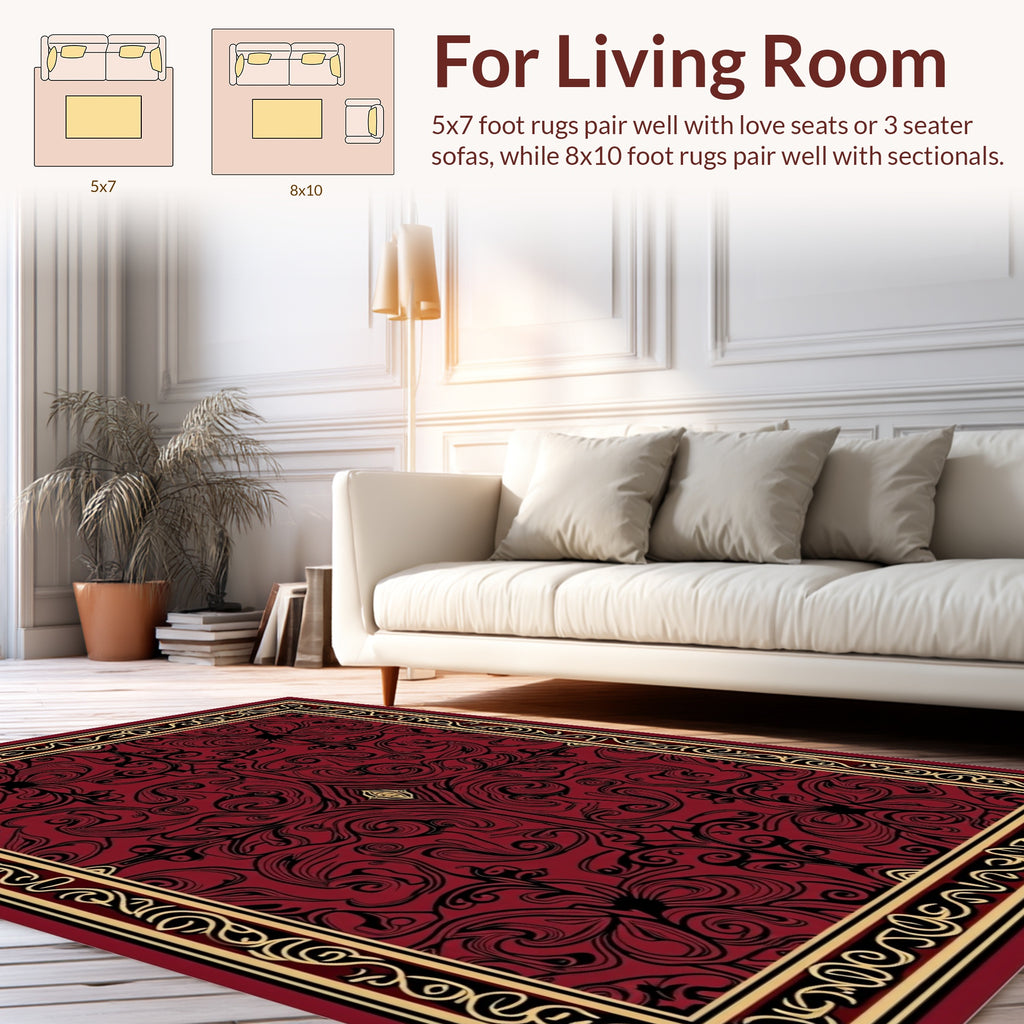 Rich Red Black Gold Scrollwork Rug