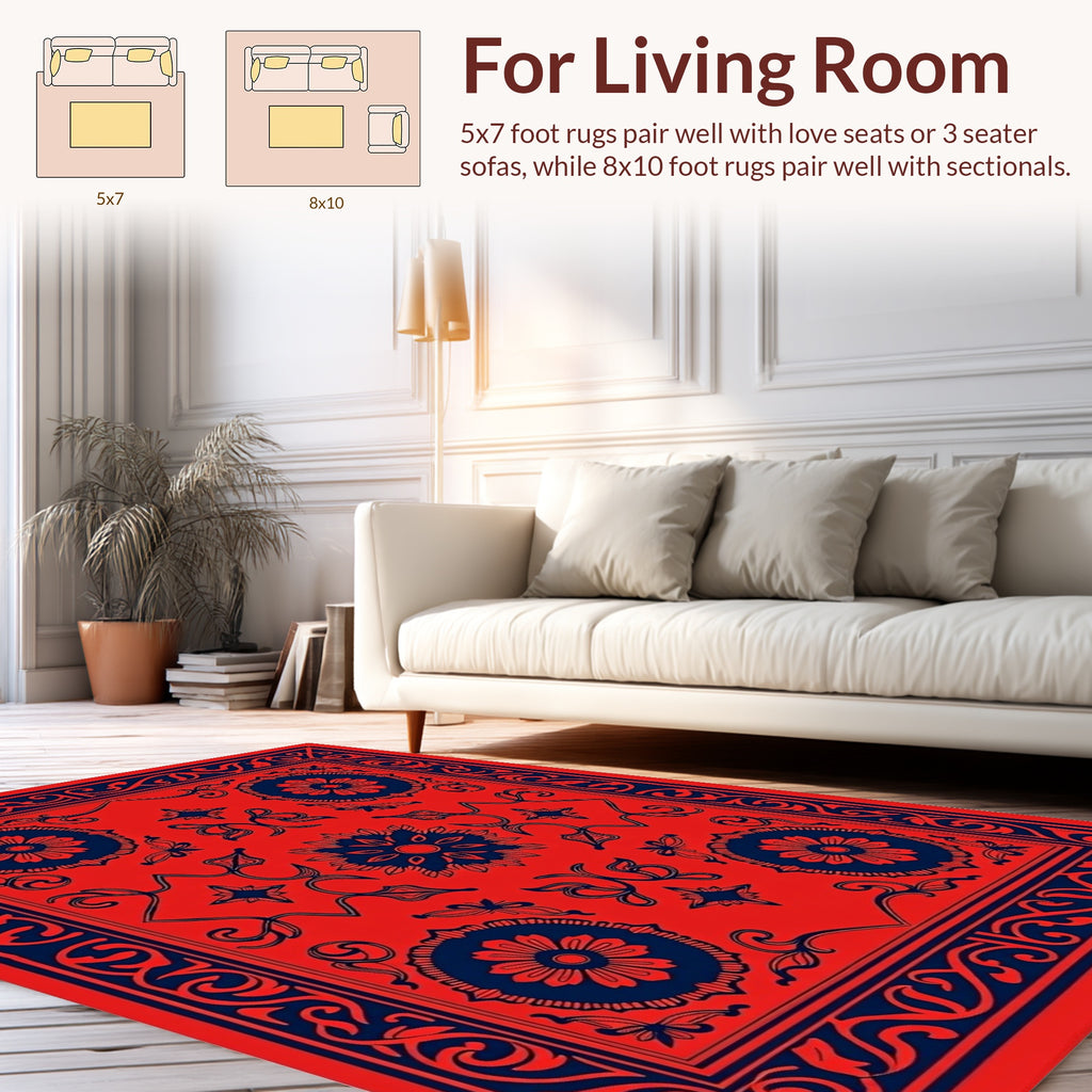 Red Navy Floral Medallion Design Rug