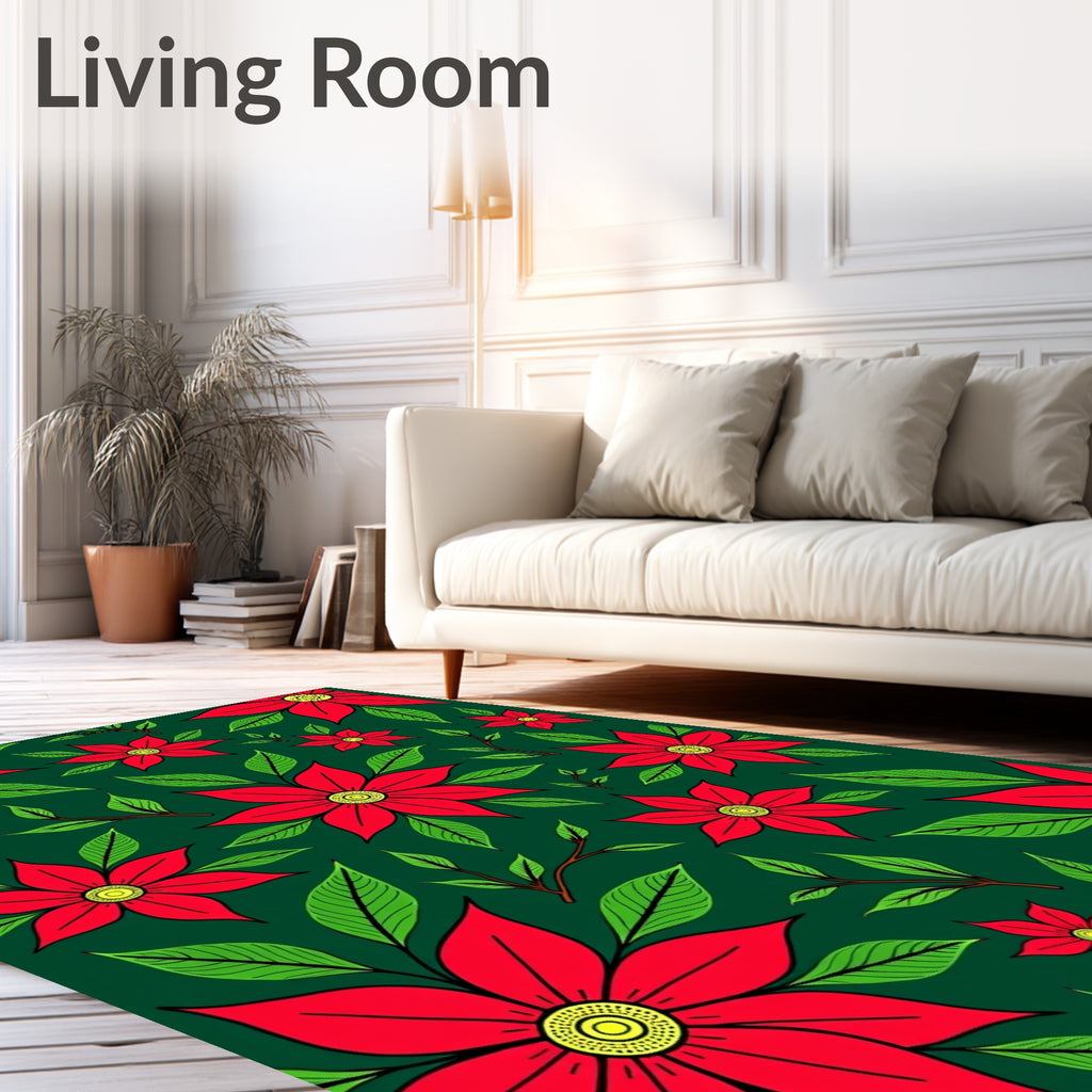 Vibrant Red Floral Green Background Rug