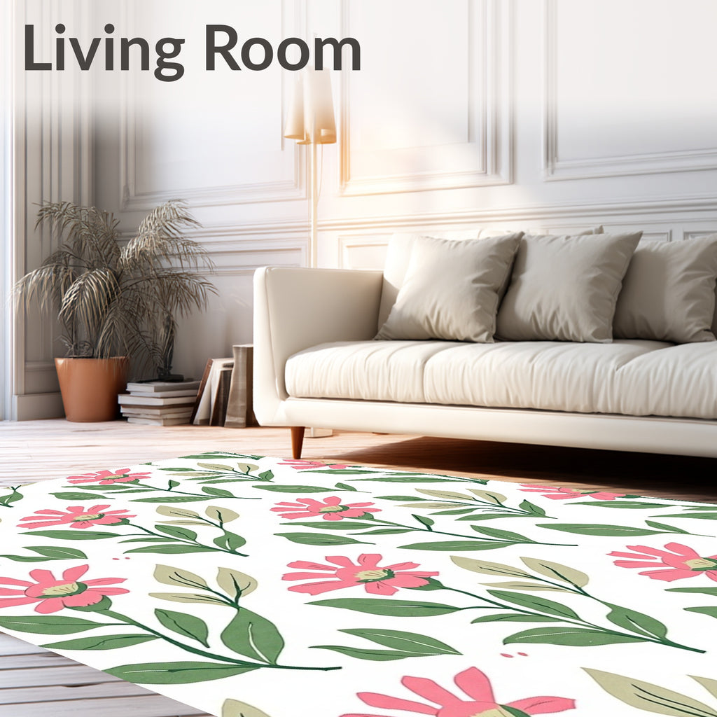 Pink Floral Stem Botanical Print Rug