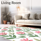 Pink Floral Stem Botanical Print Rug