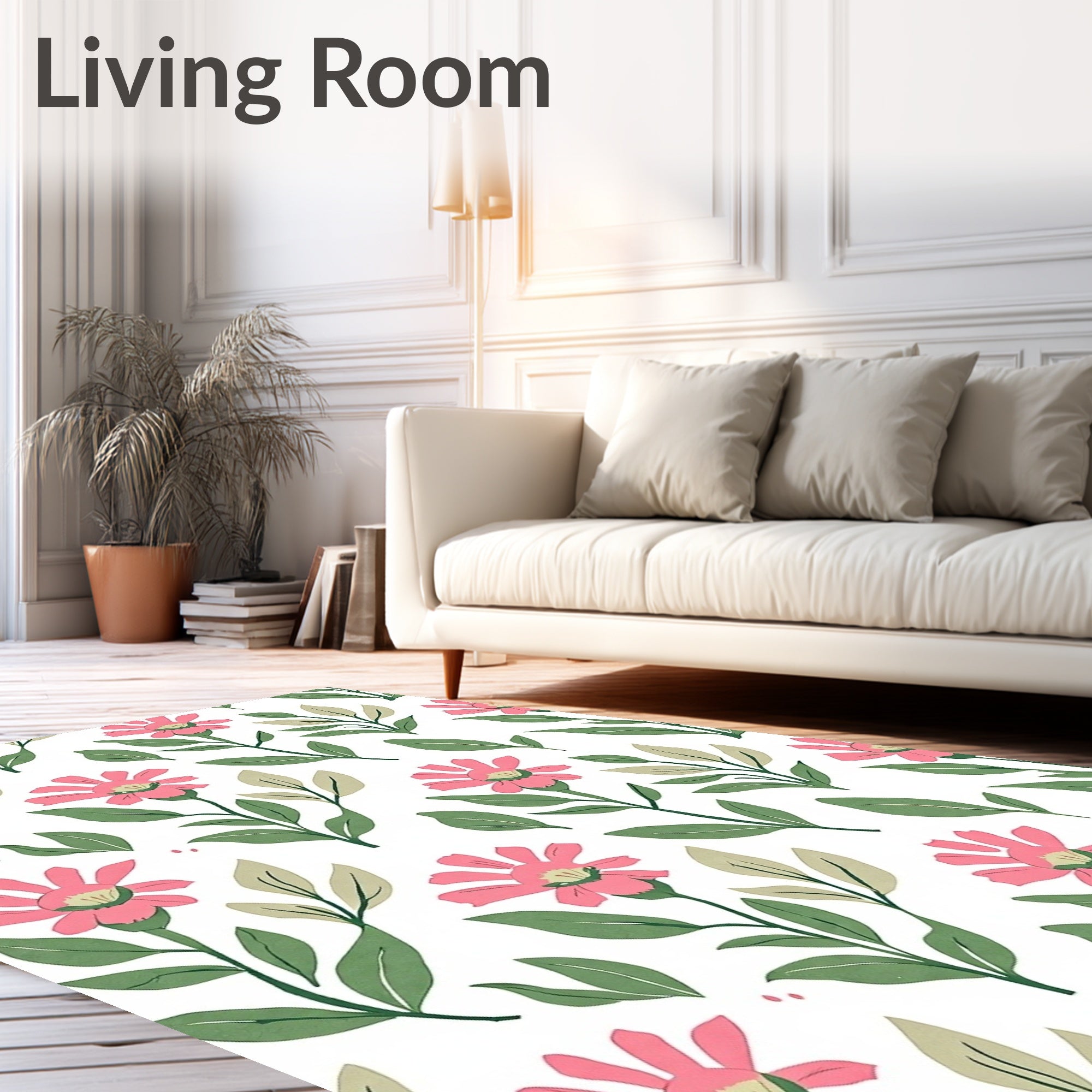 Pink Floral Stem Botanical Print Rug