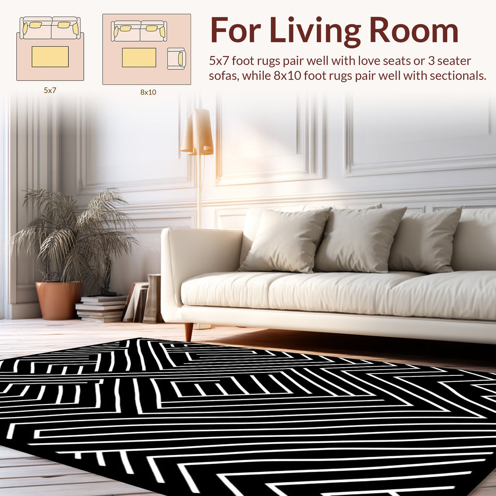 Abstract Black White Geometric Maze Pattern Rug