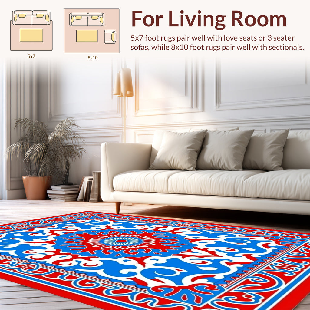 Bold Red Blue Ornate Floral Pattern Rug