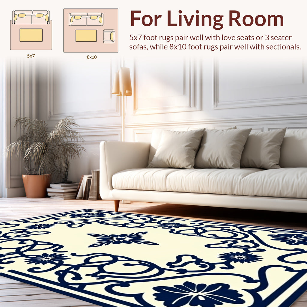 Classic Navy Floral Vines Pattern Rug