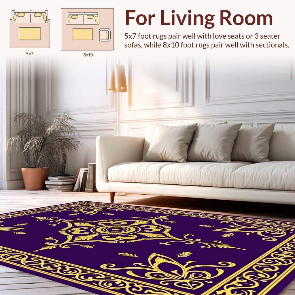 Ornate Gold Floral Patterned Deep Purple Rug