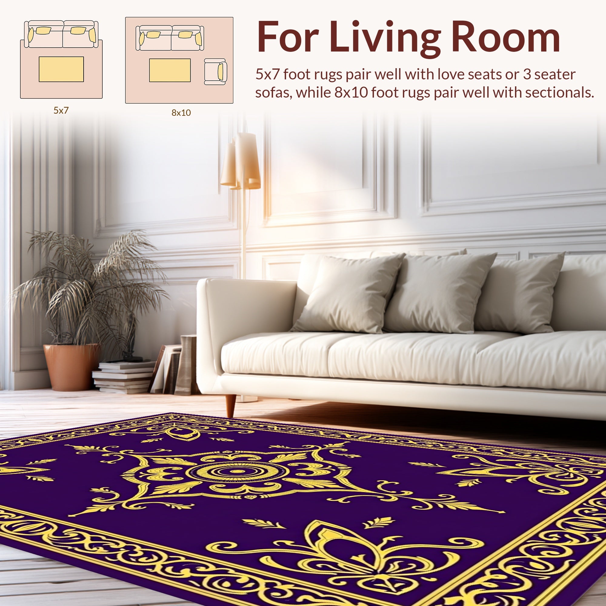 Ornate Gold Floral Patterned Deep Purple Rug