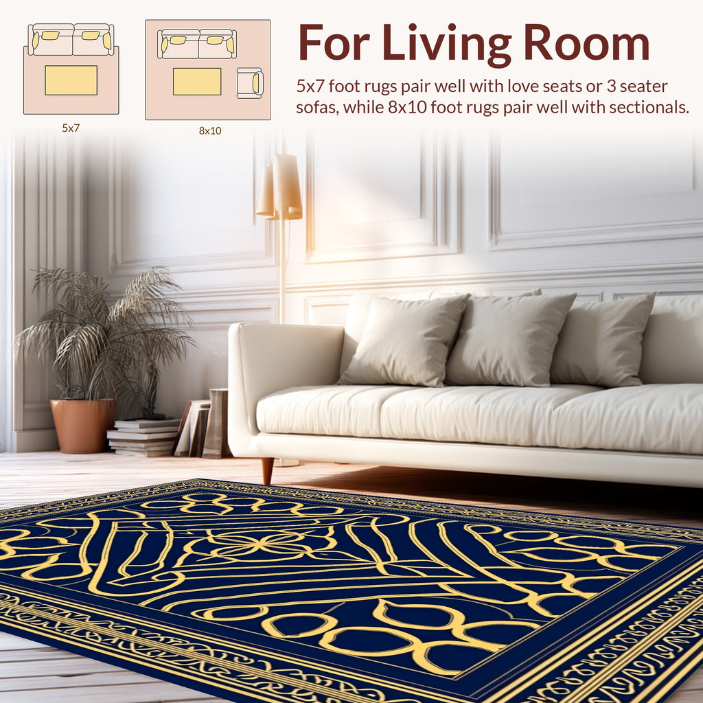 Ornate Blue Gold Geometric Medallion Rug