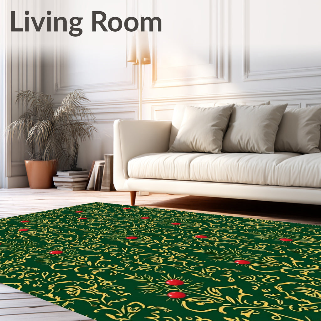 Emerald Green Red Berry Floral Damask Rug