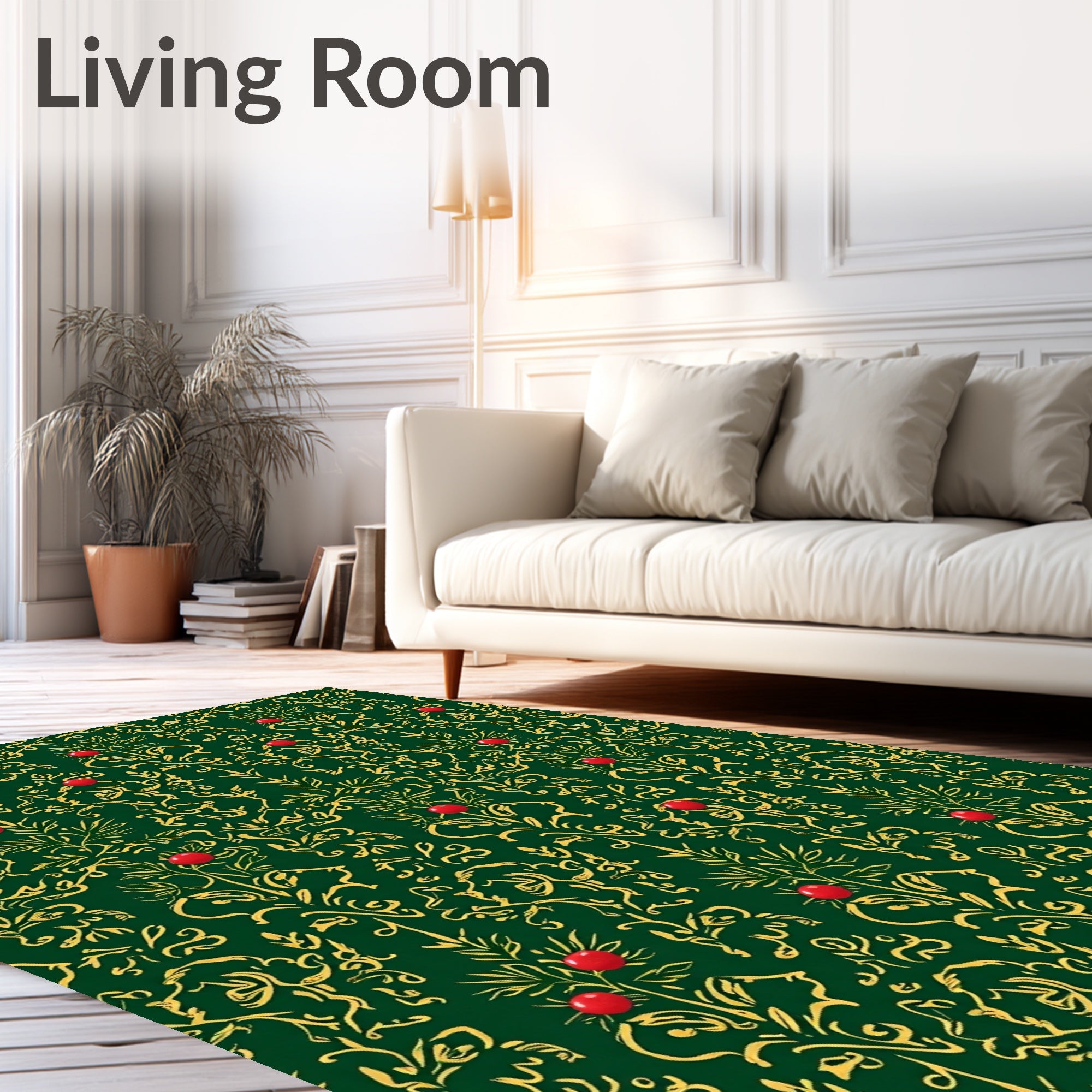 Emerald Green Red Berry Floral Damask Rug