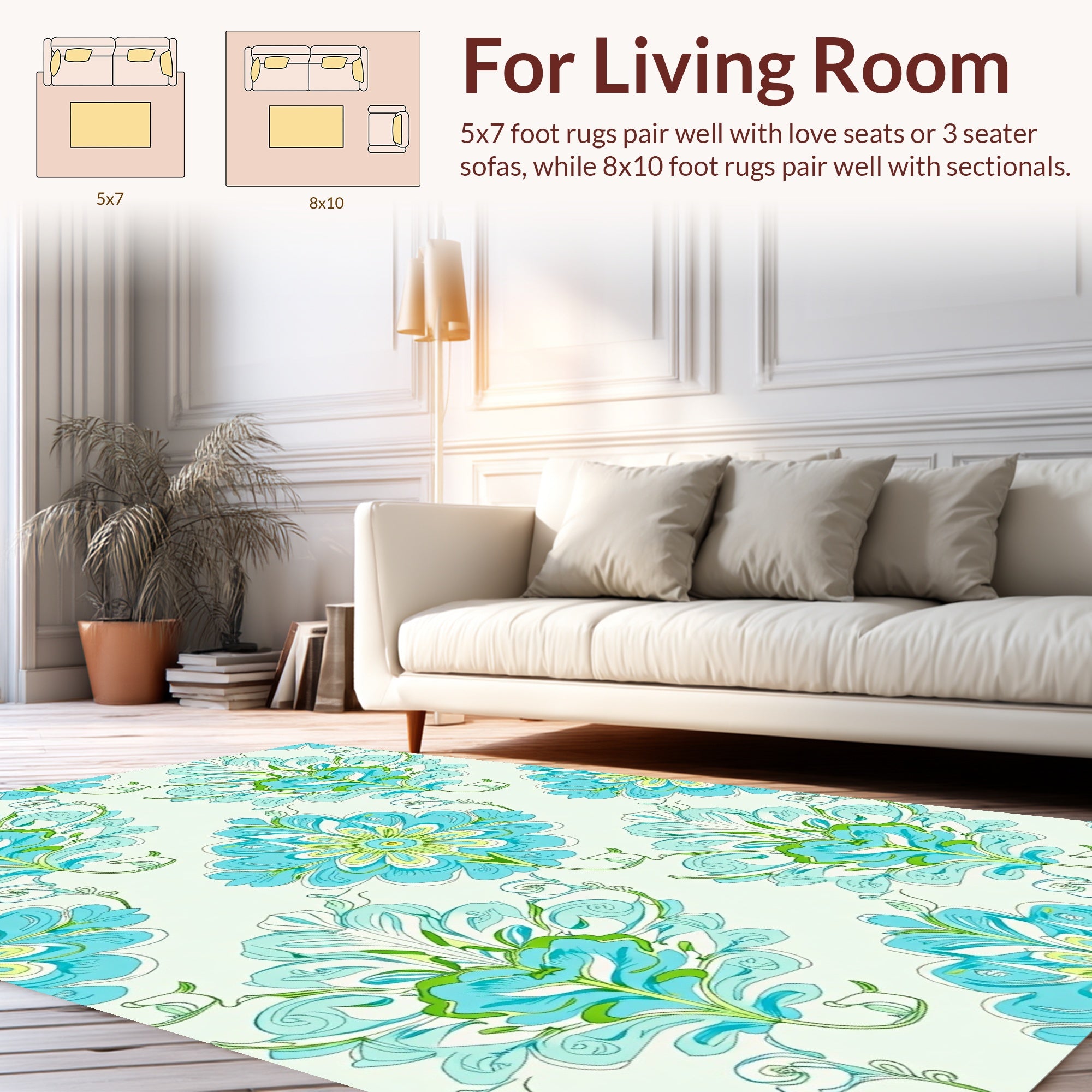 Aqua Teal Floral Damask Pattern Rug