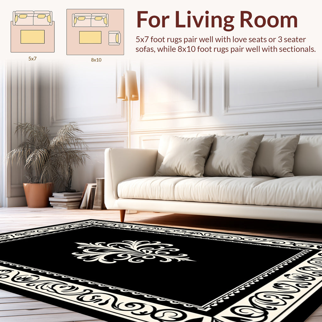 Elegant Black With Cream Scroll Scrollwork Rug
