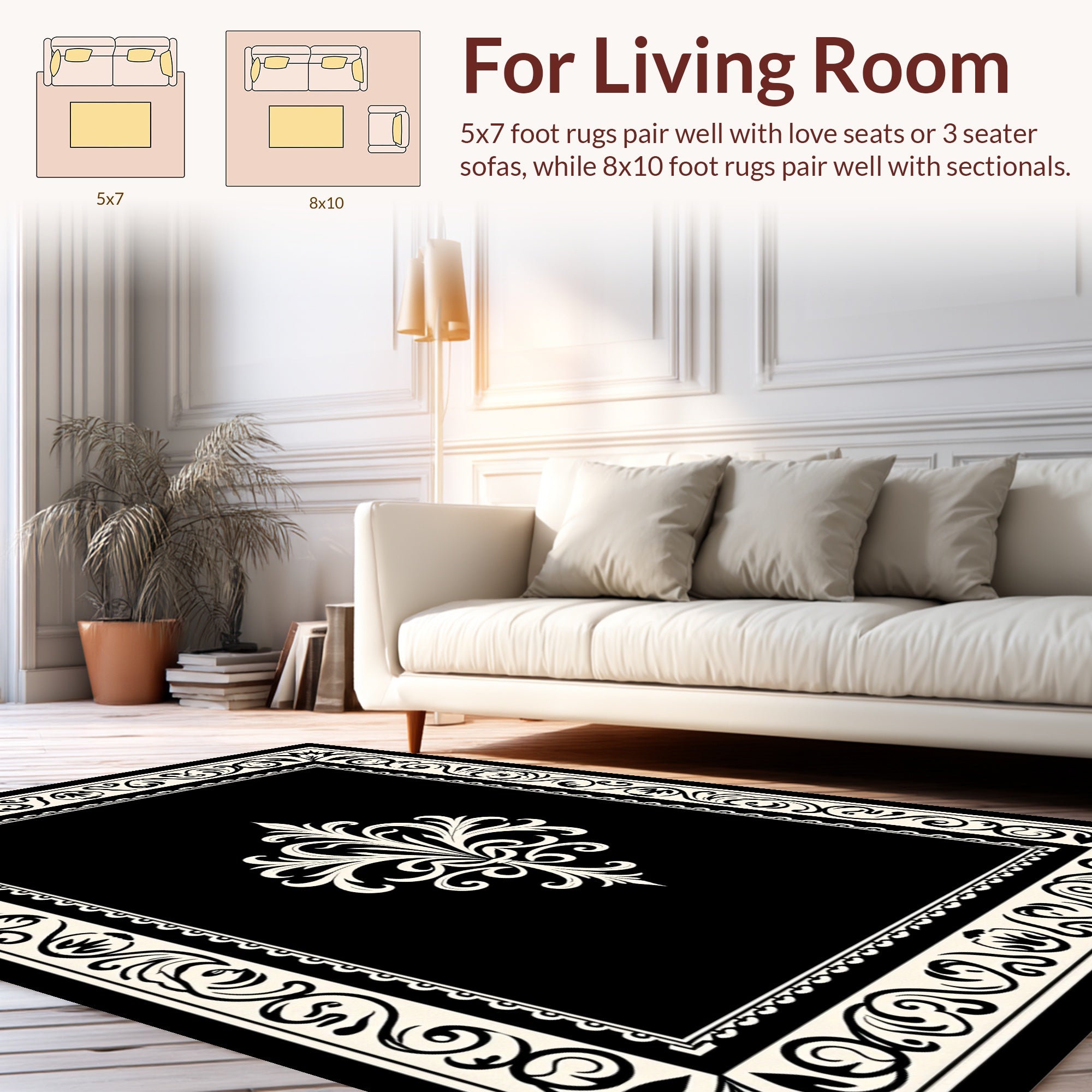 Elegant Black With Cream Scroll Scrollwork Rug