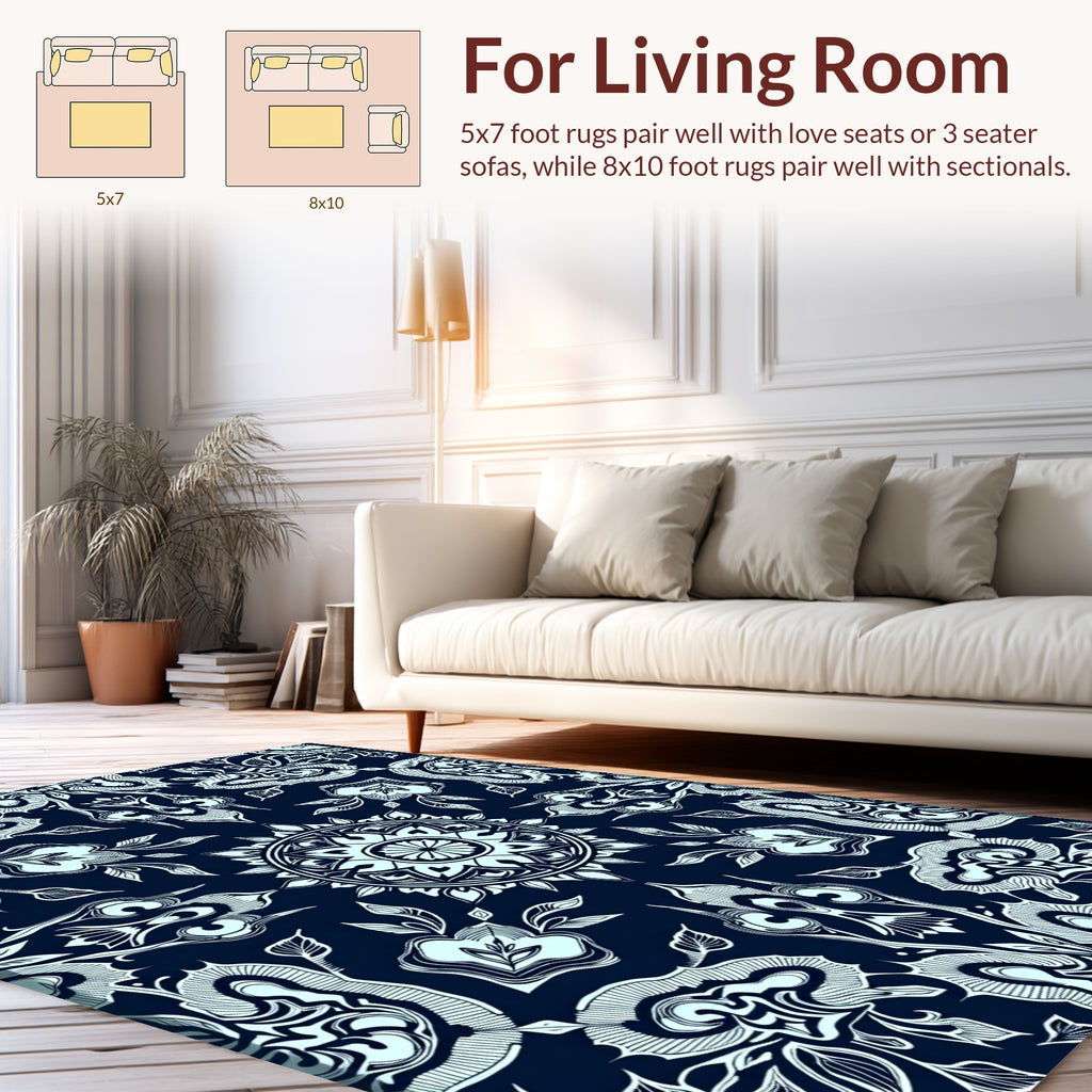 Dark Navy Floral Mandala Pattern Rug