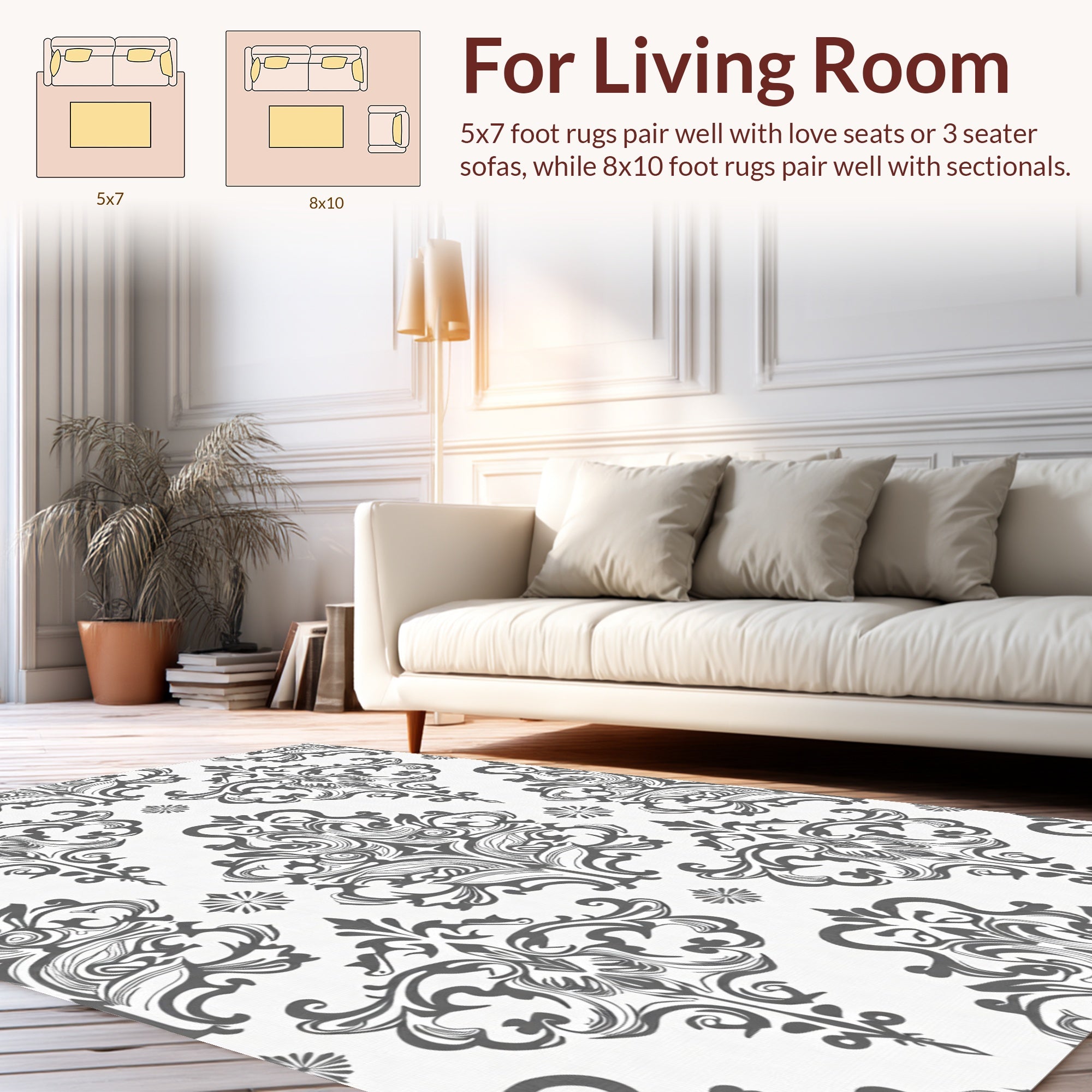 Classic Gray White Damask Pattern Rug
