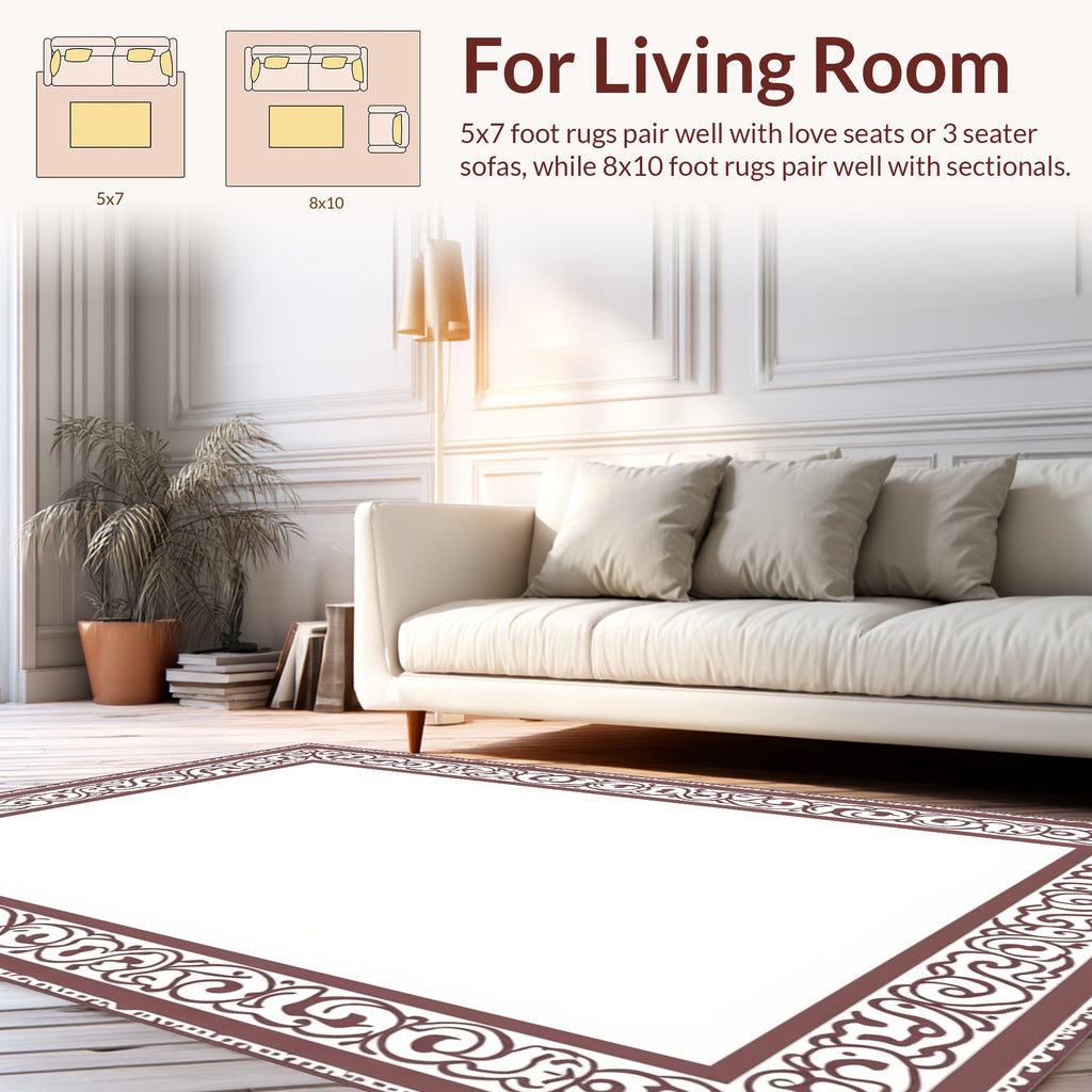 Ornate Burgundy Scroll Border Design Rug