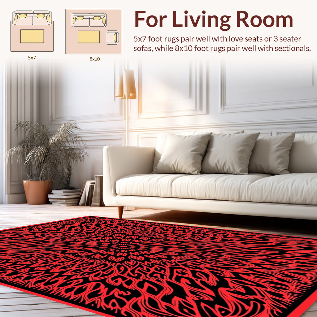 Vibrant Red Abstract Mandala Pattern Rug