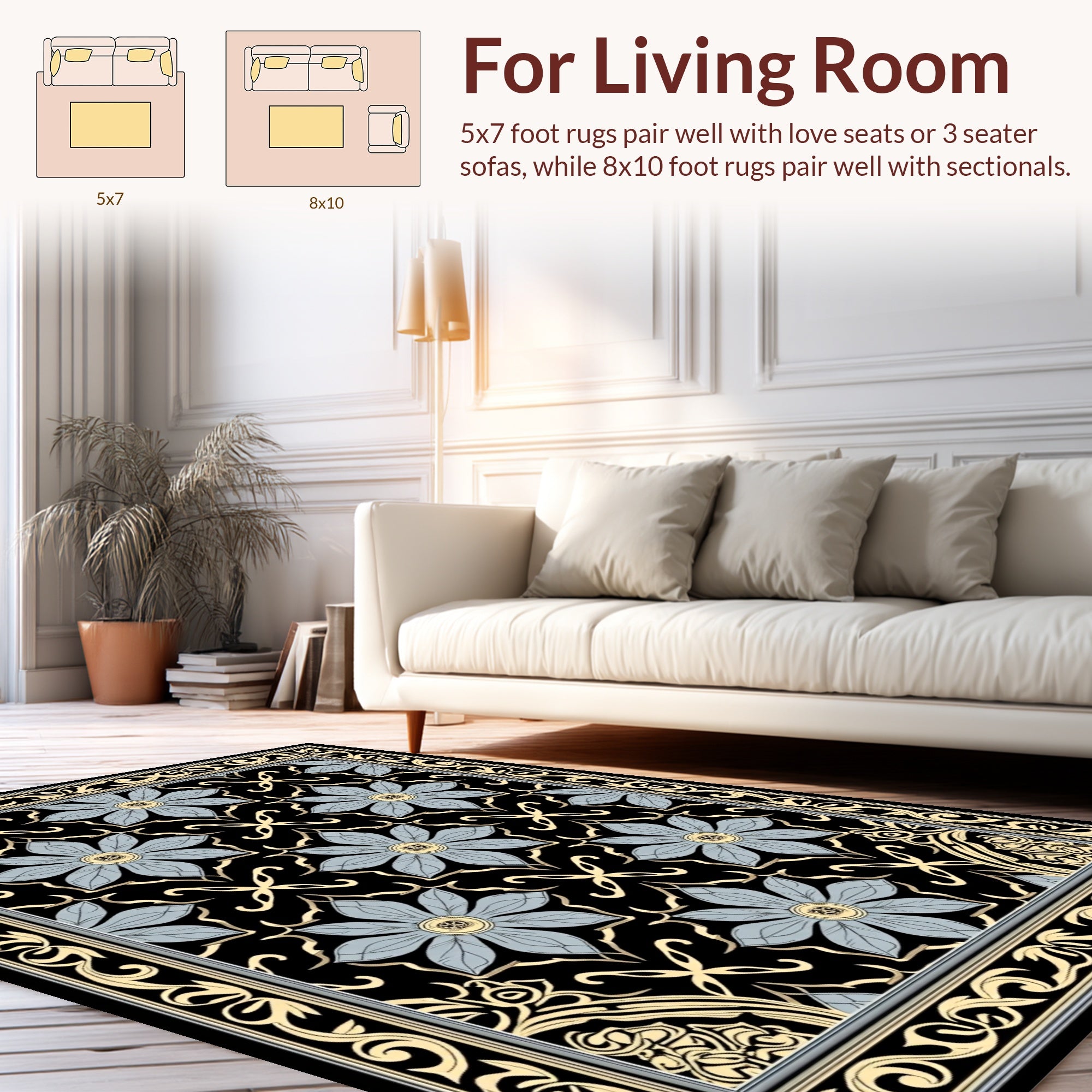 Ornate Floral Patterned Black Gold Rug
