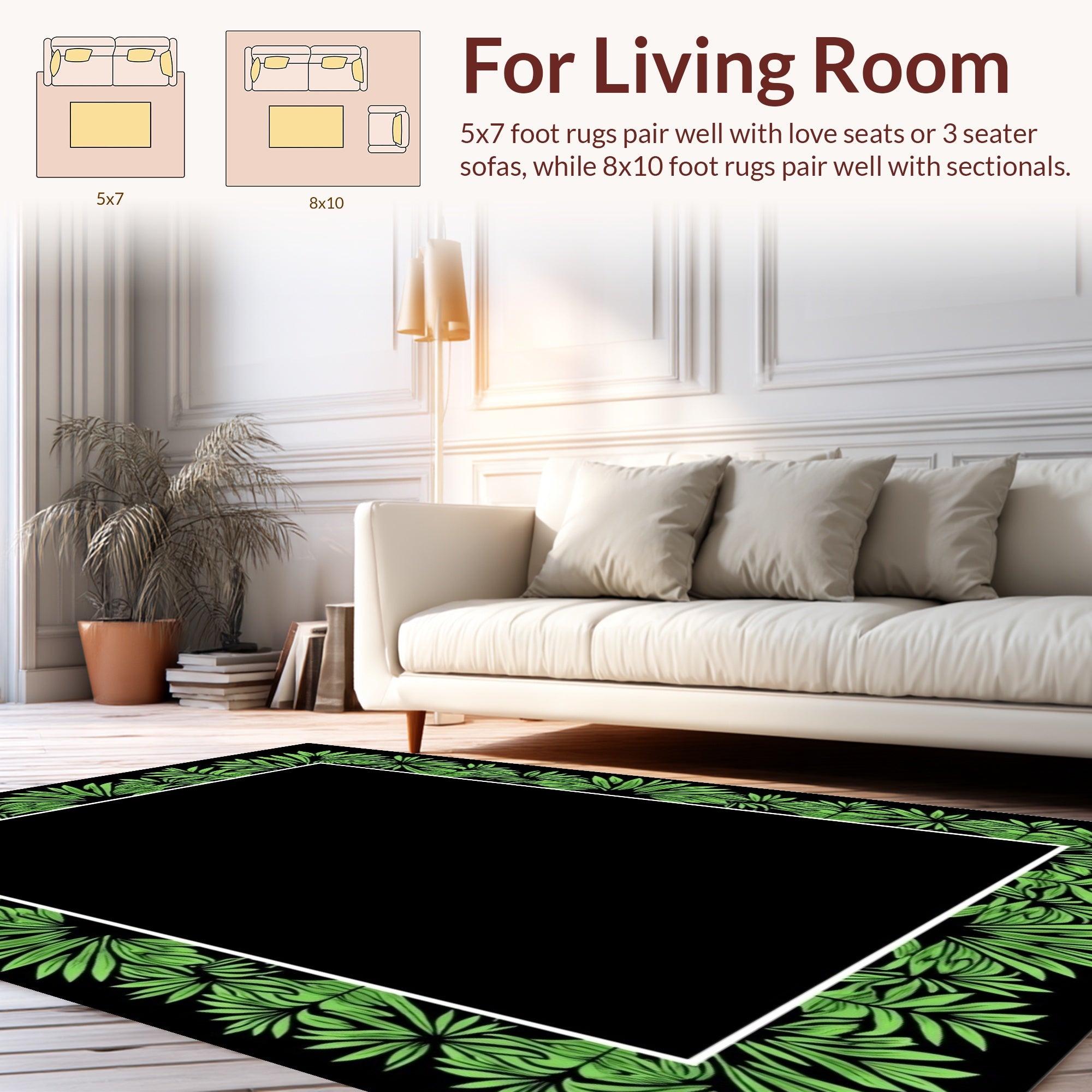 Green Leaf Border Natural Pattern Rug