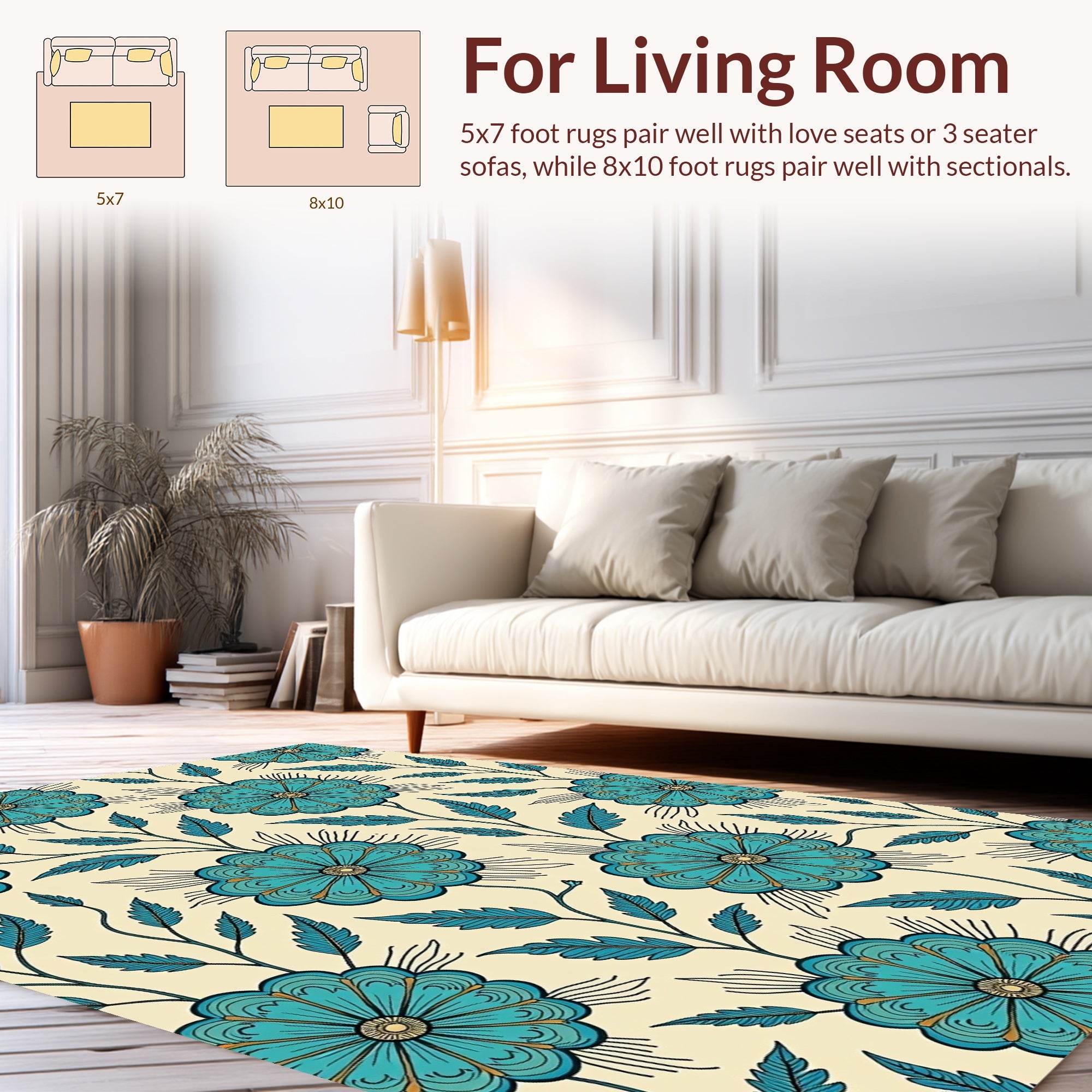 Cyan Floral Vine Pattern Rug