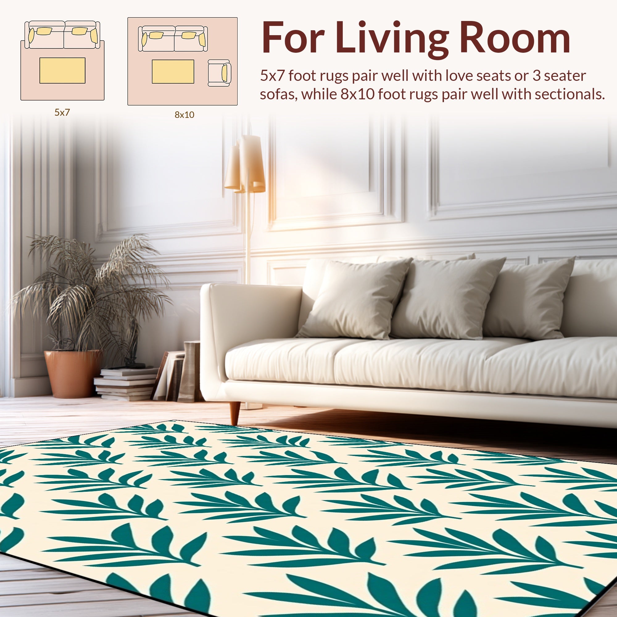 Modern Teal Leaf Patterned Rug