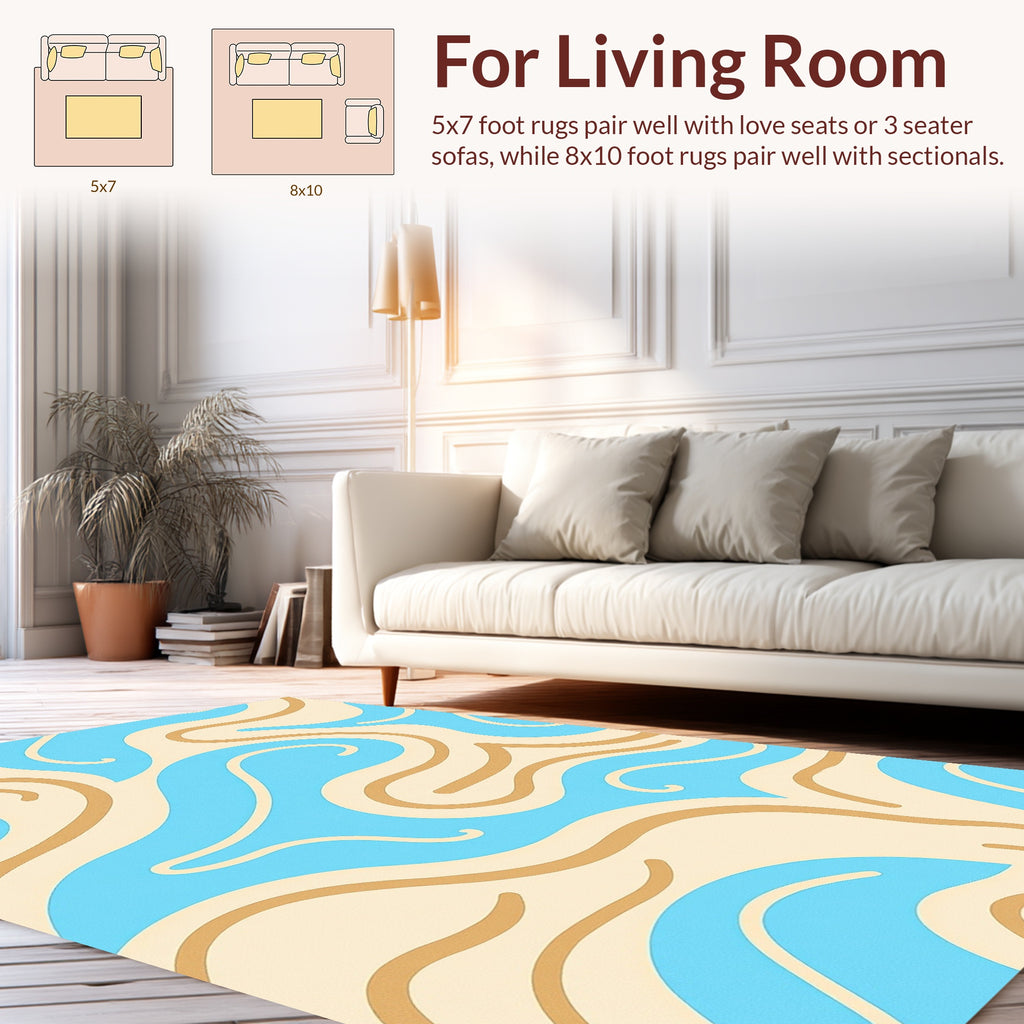 Fluid Abstract Cream Blue Swirls Pattern Rug