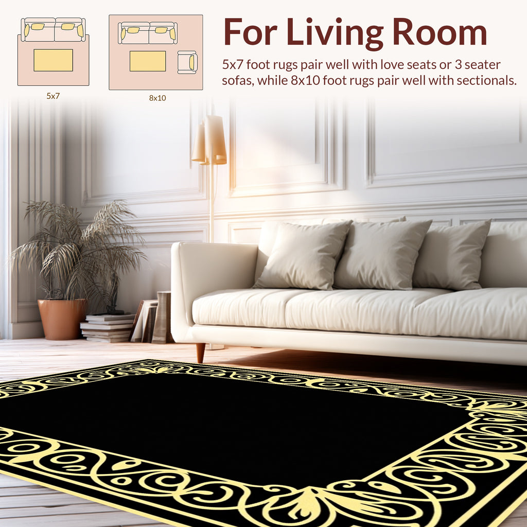 Elegant Yellow Floral Scroll Border Rug