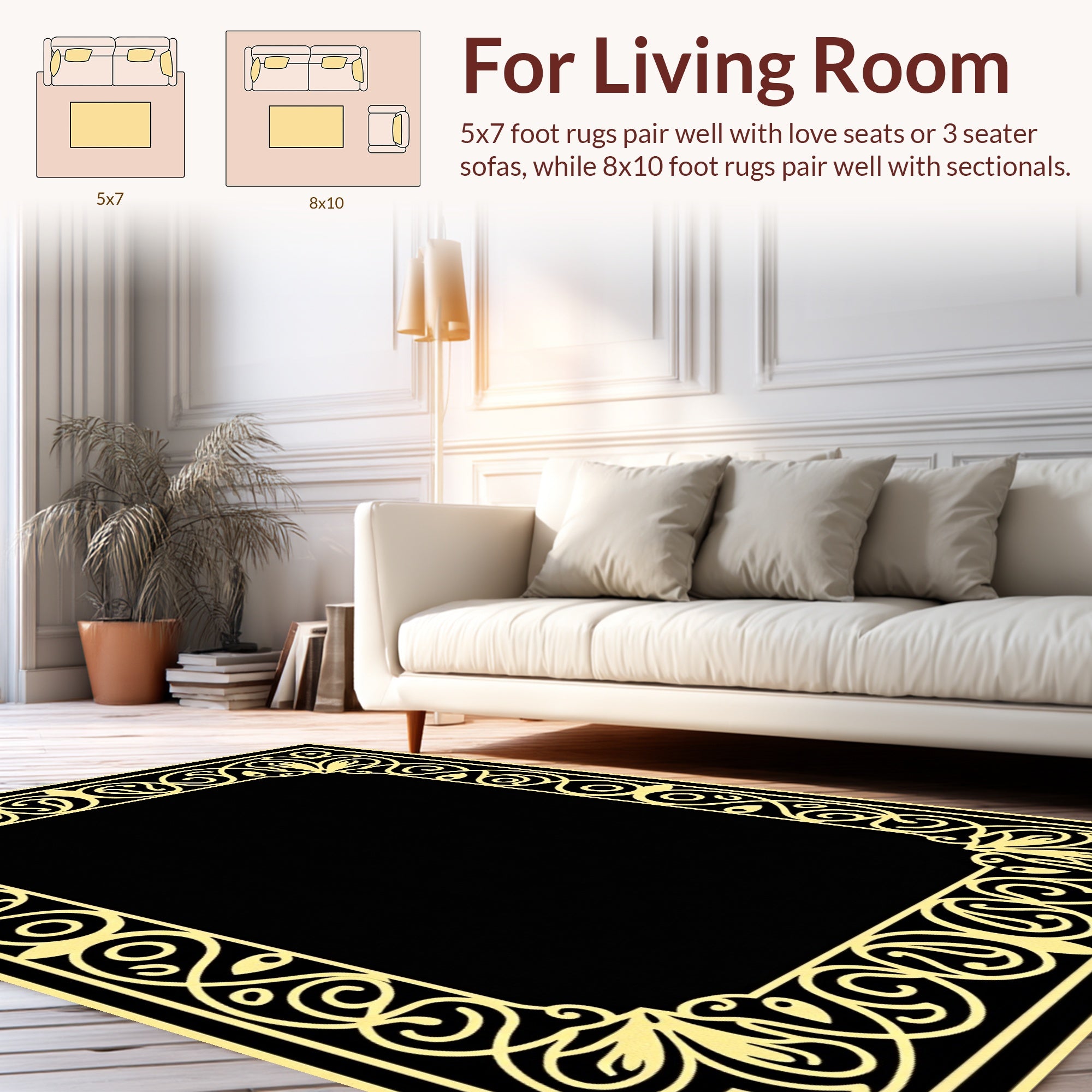 Elegant Yellow Floral Scroll Border Rug