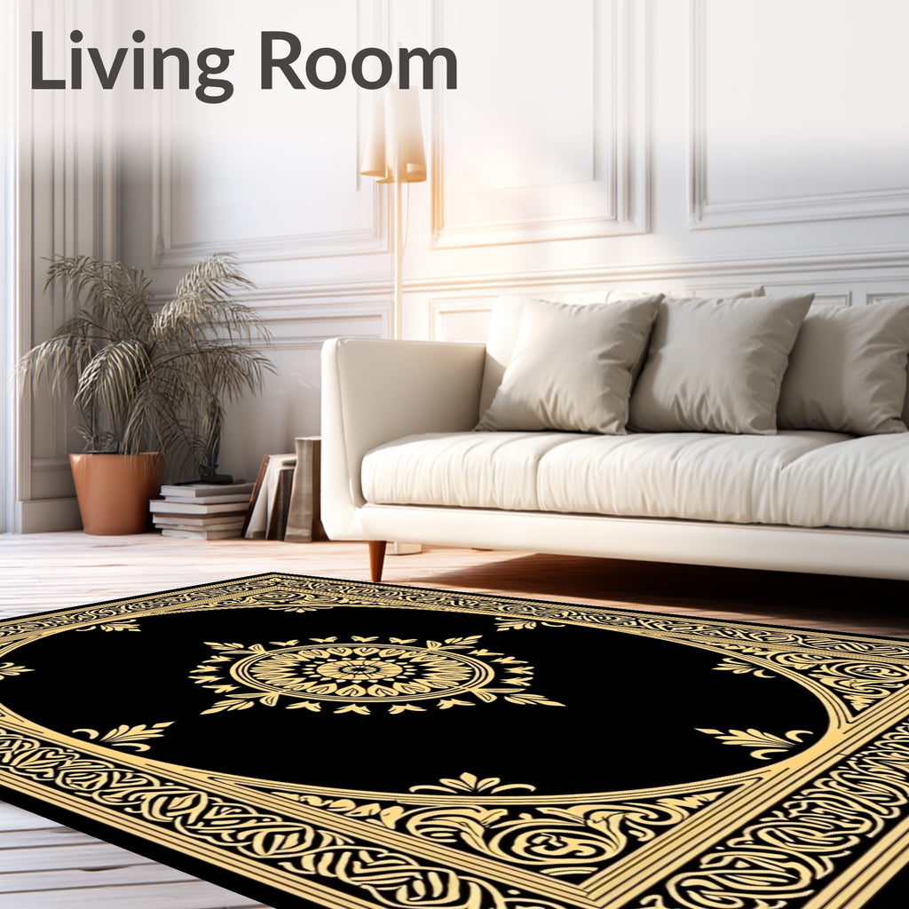 Black Gold Ornate Floral Design Rug