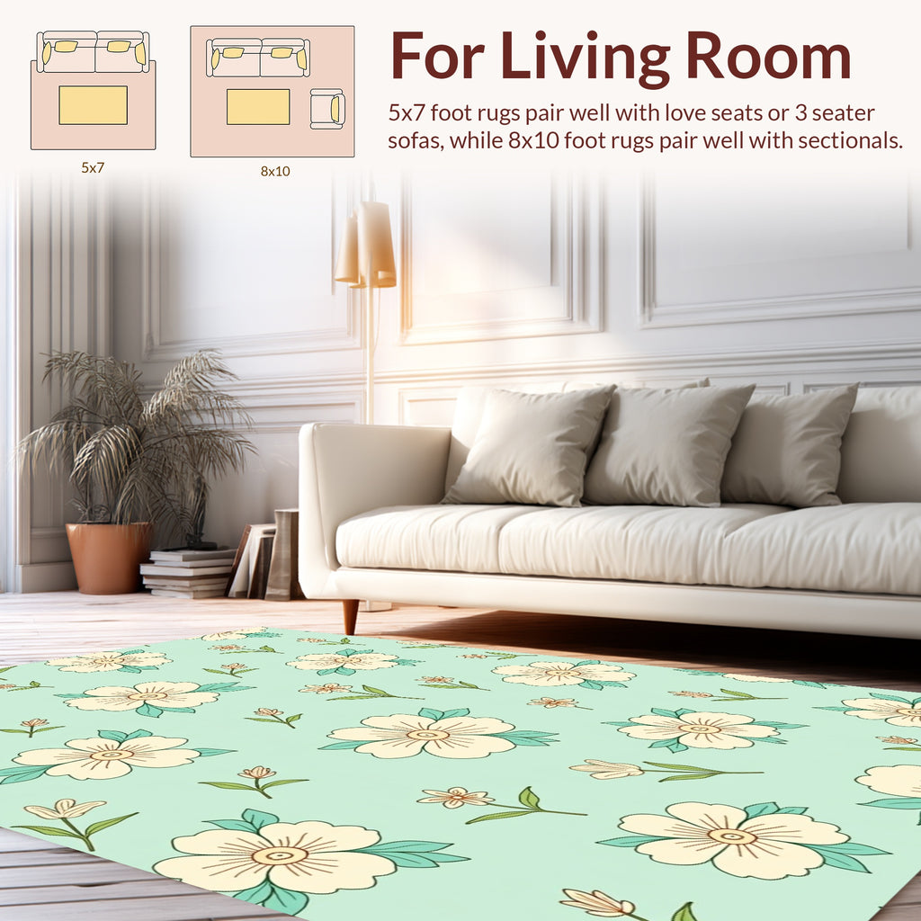Cream Floral Pattern With Teal Leaves Rug