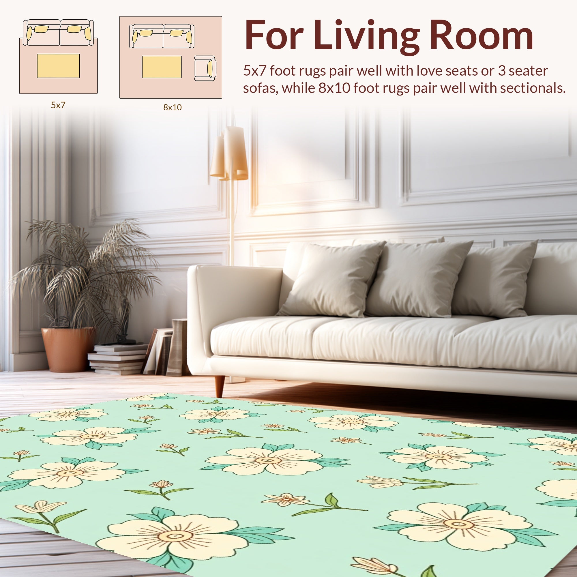 Cream Floral Pattern With Teal Leaves Rug