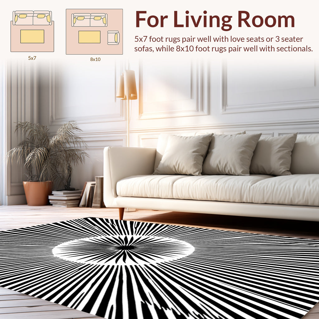 Black White Radial Sunburst Pattern Rug
