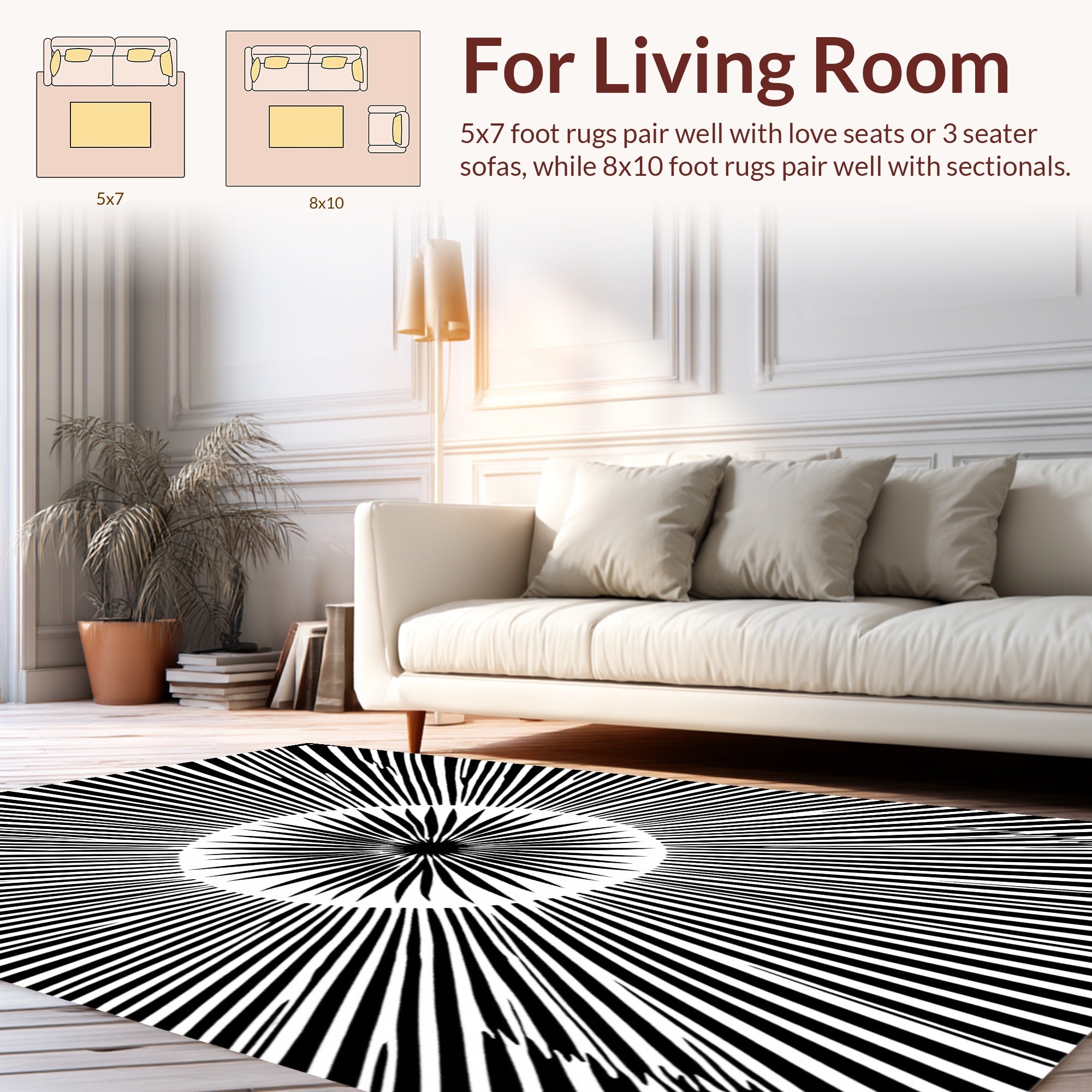 Black White Radial Sunburst Pattern Rug