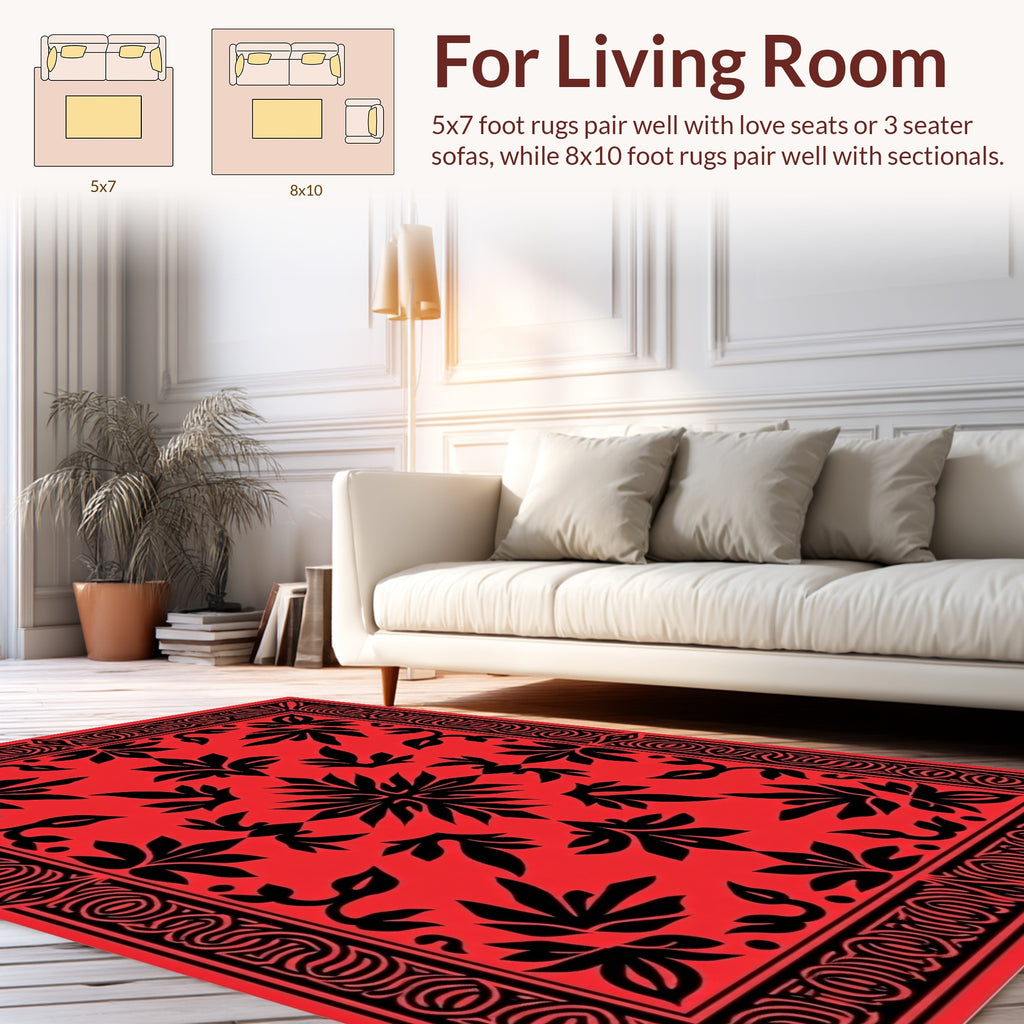 Red Black Bold Floral Abstract Design Rug