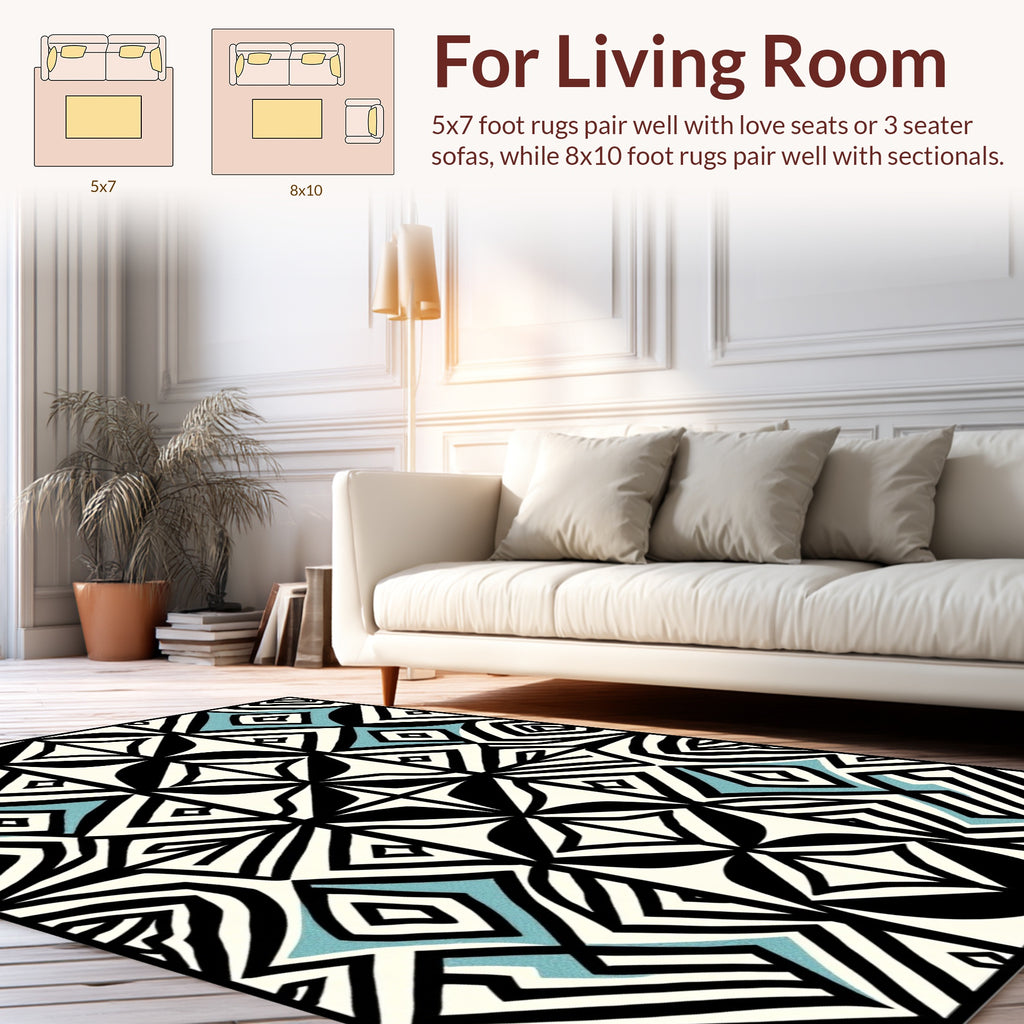 Bold Geometric Black White Blue Abstract Rug
