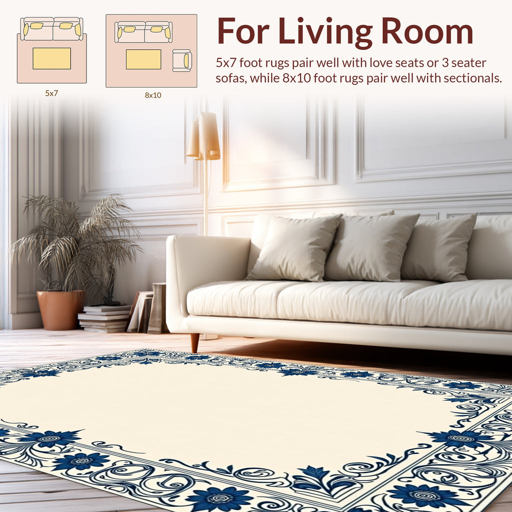 Elegant Blue Floral Scrollwork Rug